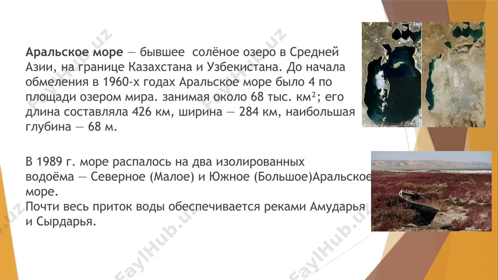 котловину. затем в период с 15,3 до 14 тысяч лет назад солёность воды значительно повысилась из-за уменьшения притока речных вод (пик осолонения пришёлся на период 14,5—14 тысяч лет назад). список использованной литературы экология - учебник - николайкин н.и., николайкина н.е., мелехова о.п. - 2004 гаэл гуичард. «молодой человек и море. журнал степи». [электронный ресурс] (дата обращения 13.03.2021) url: https://smekni.com/a/330581-2/problemy-aralskogo-morya-2-2/ статья «коротко об истории приаралья» [электронный ресурс] (дата обращения 13.03.2021) url: https://www.orexca.com/rus/uzbekistan/aralsea/prearal.htm соглашение о совместных действиях по решению проблемы аральского моря и приаралья, экологическому оздоровлению и обеспечению социально-экономического развития аральского региона. кзыл-орда, 1993.[электронный ресурс] (дата обращения 13.03.2021) url: http://www.icwc-aral.uz/statute13_ru.htm а.власов: проблема аральского моря - есть ли пути решения? [электронный ресурс] (дата обращения 13.03.2021) url: http://www.centrasia.ru/newsa.php?st=1287809160 аральский кризис: пустынное море или морская пустыня? [электронный ресурс] (дата обращения 13.03.2021) url: http://www.google.ru/url?q=http://www.interfax.by/article/72344&sa=u&ei=pl4ltykem4n44gau0-cgdq&ved=0ccaqfjajobq&usg=afqjcnfo1weroffubzqrmvmrc7s5zewpwa спасибо за внимание. image1.jpeg image2.jpeg image3.jpeg image4.jpeg image5.png image6.jpeg image7.jpeg image8.png /docprops/thumbnail.jpeg