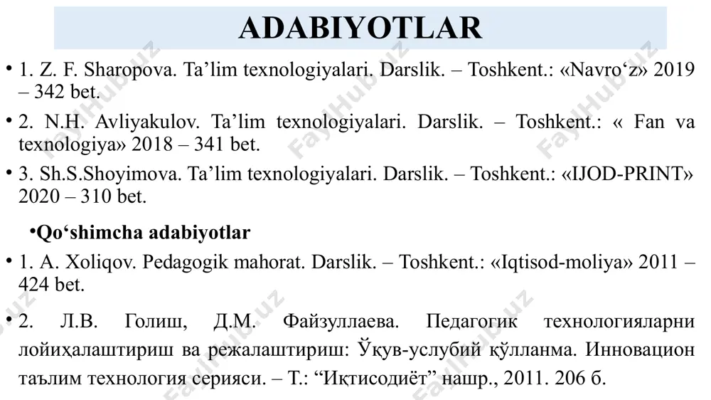 i. 18. ta’lim sifati - ta’lim jarayonining turli qatnashchilarini o‘quv massasasi tomonidan ko‘rsatilgan ta’lim xizmatlaridan qoniqish darajasi yoki ta’limda qo‘yilgan maqsad va vazifalarga erishganlik darajasi. 19. ta’lim standarti - ta’lim oluvchilarni o‘qitish va tarbiyalashga qo‘yiladigan talablar ko‘rsatkichlarining mazmuni. 20. ta’lim tamoyili - o‘qituvchi faoliyati va ta’lim oluvchining bilish faoliyati xususiyatini belgilovchi asosdir. 21. didaktik tamoyillar - ta’lim jarayoni qonuniyatlari, mazmuni va metodlarini belgilab beruvchi o‘qitish tamoyillaridir. 22. ta’lim vositalari - o‘quv jarayonining tashkil etilishi va o‘tib borishini ta’minlaydigan xilma-xil o‘quv jixozlari. 23. bilim - o‘quvchilar ongida muayyan tartibda mustahkamlangan ma’lumotlar, ilmiy nazariyalar, qonunlar, tushunchalardir. 24. nazariy bilim - narsa va hodisalar mohiyatini bilish, qonuniyatlarni ochishni nazarda tutadi. 25. ilmiy bilim - o‘bektiv olamni ancha to‘g‘ri (batafsil) ifodalaydi. 26. ko‘nikma - insonning ilgarigi tajribalari asosida muayyan faoliyat yoki harakatni amalga oshirish qobiliyati. 27. pedagogik texnika - o‘qituvchining o‘z xatti-harakatlarini boshqarishga aytiladi. 28. tizim - yaxlitlik, bir butunlik. 29. tahlil qilish - …