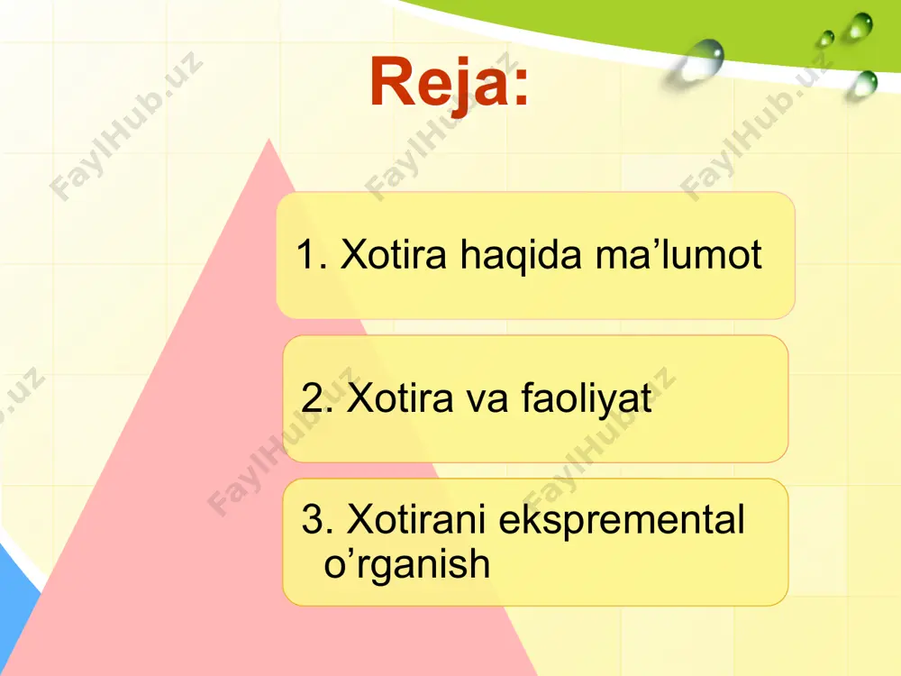 lgan xotirani ilmiy tajriba metodi negizida tekshiradi va keng ko’lamda turmushga tadbiq qiladi. bugungi kunda psixalogiyada xotirani uch xil nazariya asosida o’rganishmoqda. birinchi guruh nazariyalar - psixologik nazariyalar, ikkinchisi - neyrofiziologik nazariyalar.ularga keyingi yillarda yangi nazariyalar, uchinchi yo`nalish - bioximik yo`nalishdagi nazariyalar qo`shilmoqda. etiboringiz uchun raxmat! image1.png image3.jpeg image4.jpeg image5.jpeg image6.jpeg image7.jpeg image8.jpeg image9.jpeg image10.jpeg image11.jpeg image12.jpeg image2.png /docprops/thumbnail.jpeg
