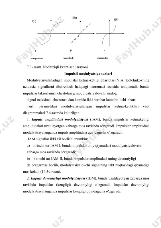 yatsiyalovchi signal chastotasi ga teng tashkil etuvchisi borligi bilan; · modulyatsiyalanmagan impulslar ketma-ketligi spektrining har bir tashkil etuvchisi yonida chastotali yon tashkil etuvchilari borligi bilan (7.5rasm). agar impulslar ketma-ketligi murakkab shakldagi (davriy bo‘lmagan) xabar signali bilan modulyatsiyalansa, u holda yuqori chastotali yon spektr tashkil etuvchilari soni va past chastotali spektr tashkil etuvchilari soni ko‘payadi. ushbu iam signal spektrida past chastotali tashkil etuvchining borligi, uning detektorlanishini past chastotalar filtri yordamida amalga oshirish imkoniyatini beradi. past chastotaga eng yaqin bo‘lgan iam signal spektri tashkil etuvchisi chastotasi ga teng bo‘lib, past chastotali tashkil etuvchilarni ajratib olishni osonlashtirish uchun sharti bajarilishi talab etiladi. 7.5-rasm. iam signal spektri boshqa tur impuls modulyatsiyasi signallarining spektrlari ham iam signal spektri kabi aniqlanadi. bunda modulyatsiyalanmagan impuls spektri ifodasidagi tegishli o‘zgaruvchini modulyatsiyalanadigan parametrni modulyatsiyalovchi ga mos ravishda o‘zgartirish va uni tashkil etuvchilarga yoyish kerak bo‘ladi. foydalanilgan adabiyotlar: 1. a.a. abduazizov. elektr aloqa nazariyasi. – t.: “nashr-matbaa”, 2013y. - 366 …