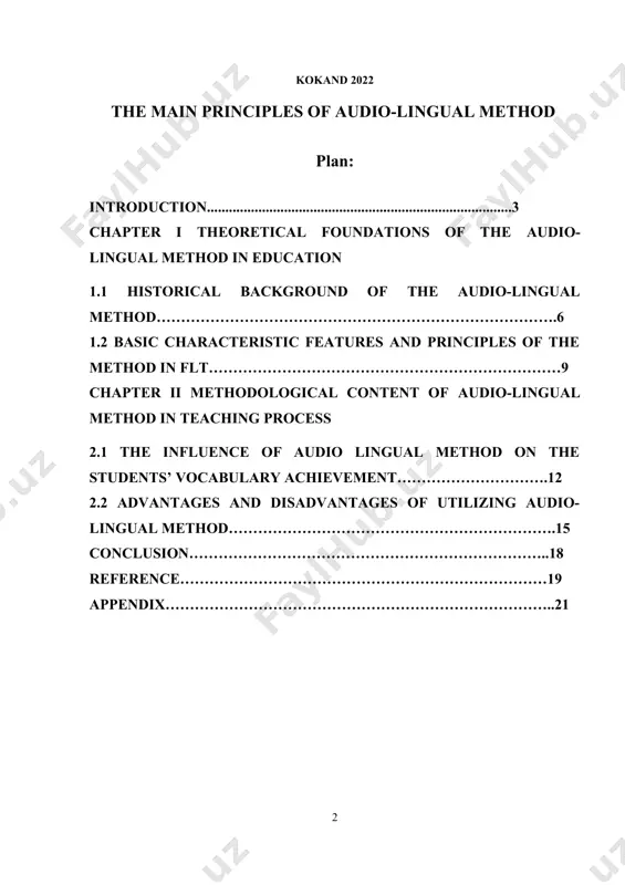 nd be able to use various methods in lesson. consistent updating of the education sector in our country, correction of existing errors and shortcomings is being promoted to the state level. in particular, decree №5712 of the president of the republic of uzbekistan "on the approval of the concept of development of the public education system of the republic of uzbekistan until 2030" in this concept, the existing problems in the public education system were shown, and directions for their elimination and further development were determined. in the concept, by 2030, the main goal of the republic of uzbekistan is to become one of the first 30 advanced countries in the world according to the pisa (the program for international student assessment) rating of the international student assessment program . the actuality of course paper covers importance of audio lingual method in developing learners all skills especially, oral one . …