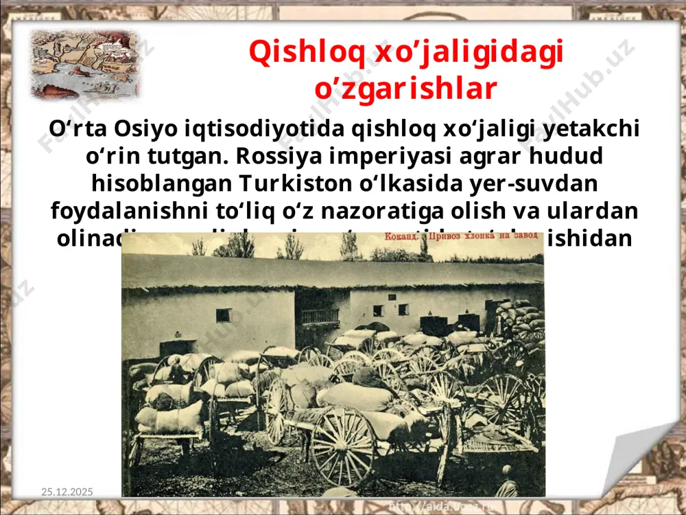 iyasining ajralmas bir qismiga aylantirish va o‘lkada doimiy hukmron bo‘lib qolish maqsadida sibir va kavkaz hududlaridagidek mustamlakachilik siyosati olib borildi. ko‘chirish siyosati bilan shug‘ullanish o‘lka ma’muriyati zimmasiga yuklatilgan. ko‘chib kelganlarga katta imtiyozlar berilgan. 21.08.2020 9 jumladan, ular mablag‘, turar joy, yer maydonlari, kreditlar bilan ta’minlangan. 1875-yilda avliyootada rossiyadan kelgan dehqonlarning birinchi manzilgohi paydo bo‘ldi. 15 yil davomida (1875–1890) turkiston o‘lkasiga 1300 oila ko‘chib kelib joylashib, 19 ta rus qishlog‘i tashkil topdi. 21.08.2020 10 rossiya imperiyasining ko‘chirib keltirish siyosati turkiston o‘lkasidagi mustamlaka tizimini mustahkamlash maqsadida amalga oshirilgan edi. 21.08.2020 11 ko’chib kelganlar xo’jaligi ko‘chib kelganlarga yaratilgan imkoniyatlar o‘lkaga ko‘chib keluvchilar sonining haddan ziyod ko‘payishiga olib keldi. ko‘chirib keltirib joylashtirilgan aholining ko‘payishi, ularga unumdor yerlarning berilishi mahalliy aholi vakillarining jiddiy noroziligiga sabab bo‘lgan. 21.08.2020 12 toshkent shahri va o‘lkaning yangi marg‘ilon, samarqand, andijon kabi shaharlarida ham ko‘chib kelganlarning posyolkalari paydo bo‘ldi. 21.08.2020 13 o‘lkadagi yirik shaharlar ikkiga: yangi – ma’muriyat, harbiy qismlar …