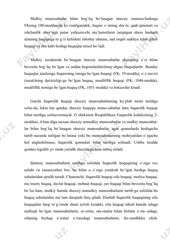 atlarning xususiyatlarini belgilaydi. misol qilib aliment majburiyat-larini olsak, bu majburiyatlar mulkiy xarakterda bo`lgan muno-sabatlardan emas, balki shaxsiy, oilaviy (er va xotinlik, qarin-doshlik) munosabatlaridan kelib chiqadi. oila huquqining fuqarolik huquqidan farq qiluvchi asosiy xususiyati shundaki, oila huquqi tomonidan tartibga solinadigan mulkiy munosabatlar va shaxsiy nomulkiy munosabatlar faqatgina bitta oila a`zosi o`rtasida vujudga keladi hamda bu yerda fuqa-rolik huquqi uchun eng asosiy o`rinni egallaydigan keng ma`nodagi mulkiy muomala kuzatilmaydi. agar oila a`zolari o`rtasida o`zaro fuqarolik muomalasi (oldi-sotdi, hadya, ayirboshlash) amalga oshi-rilsa ham, bu holat oila huquqi me`yorlari bilan emas, fuqarolik huquqi me`yori bilan tartibga solinadi. mulkiy munosabatlarda davlat hokimiyati organlari qatna-shib, mazkur munosabatlarda ishtirok etuvchilarga o`z erklarini buyursalar, bunday mulkiy munosabatlar fuqarolik huquqiga emas, balki ma`muriy huquqqa taalluqli bo`ladi. chunonchi, yuqori davlat organining o`z vakolati doirasida chiqarilgan buyrug`iga muvofiq muayyan binolar, uskunalarni topshirish-qabul qilish bilan bog`liq munosabat ma`muriy-huquqiy munosabatlar hisoblanadi. agar mul-kiy munosabatlarda davlat organlari fuqarolik muomalasining ishtirokchisi sifatida bir-birlariga nisbatan teng …