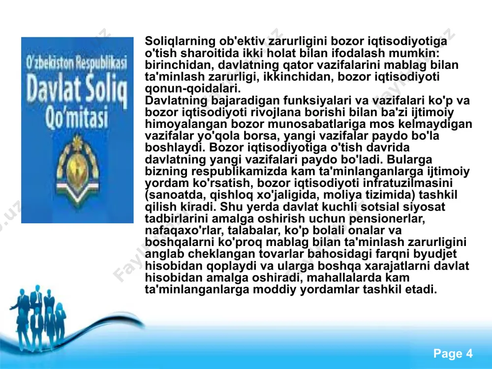uchun bir qancha soliq imtiyozlari berilgan. asosiy vositalarga jadallashtirilgan amortizatsiyani qo`llash foydaning bir qismini qayta jihozlash va ta’mirlashga, ilmiy-tadqiqot va tajriba-konstruktorlik ishlariga yo`naltirib, ular bilan bog`liq xarajatlarni soliqqa tortiladigan bazadan chegirib tashlash orqali ishlab chiqarishni qayta qurollantirish va iqtisodiy taraqqiyotga katta ta’sir etib kelinmoqda. davlat free powerpoint templates page ‹#› respublikamizda soliqlar byudjet tizimi daromadlarini shakllantirishiga qarab asosan ikki guruhga bo'linadi: o'zbekiston respublikasi soliq kodeksining 6 moddasiga muvofiq umumdavlat soliqlariga quyidagilar kiradi: 1) yuridik shaxslardan olinadigan daromad (foyda) soligi; 2) jismoniy shaxslardan olinadigan daromad soligi; 3) qo'shilgan qiymat soligi; 4) aksiz soligi; 5) yer osti boyliklaridan foydalanganlik uchun soliq; 6) ekologiya soligi; 7) suv resurslaridan foydalanganlik uchun soliq. free powerpoint templates page ‹#› soliqlarning funksiyalari va soliqqa tortish tamoyillari soliqlarning mohiyati, ahamiyati, roli ular bajaradigan funksiyalar orqali yaqqolroq namoyon bo`ladi. o`zbekiston respublikasi prezidenti i.a.karimovning fikricha, bozor iqtisodiyoti sharoitida ham soliqlar iqtisodiy siyosatni amalga oshirishda eng muhim boshqaruvchi omil bo`lib qoladi1. …