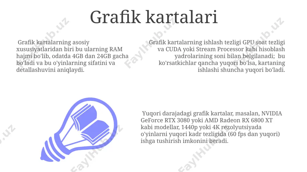 tezligini oshirishi va tarmoq trafigini tejashi mumkin. opengl va directx directx o'yinlarni yaratishga mo'ljallangan va yuqori darajada optimallashtirilgan bo'lsa, opengl esa ancha kengroq maqsadlarga ega va ko'proq moslashuvchanlikni taqdim etadi, masalan, 3d modellashtirish dasturlarida. opengl asosan ochiq manba kodli bo'lib, ko'plab platformalar (windows, macos, linux va boshqalar) da ishlaydi, directx esa asosan microsoft mahsuloti bo'lib, faqat windows operatsion tizimida ishlaydi. opengl api'si 1992 yilda ishlab chiqilgan va hozirgi kunda 4.6 versiyasiga ega, directx esa 1995 yilda paydo bo'lgan va hozirda 12 versiyasida. grafik kutubxonalari grafik kutubxonalari 2d va 3d grafikalarni yaratish uchun turli xil funksiyalarni, masalan, shakllarni chizish, ranglarni boshqarish va matnni ko'rsatish kabi 100 dan ortiq algoritmlarni taqdim etadi. zamonaviy grafik kutubxonalari api (application programming interface) orqali dasturlash tillari bilan o'zaro ta'sir qilishni ta'minlaydi, bu esa 1000 dan ortiq turli xil grafik effektlarni yaratishga imkon beradi. opengl va directx kabi mashhur grafik kutubxonalari yuqori samaradorlikka ega bo'lib, millionlab poligonlardan …