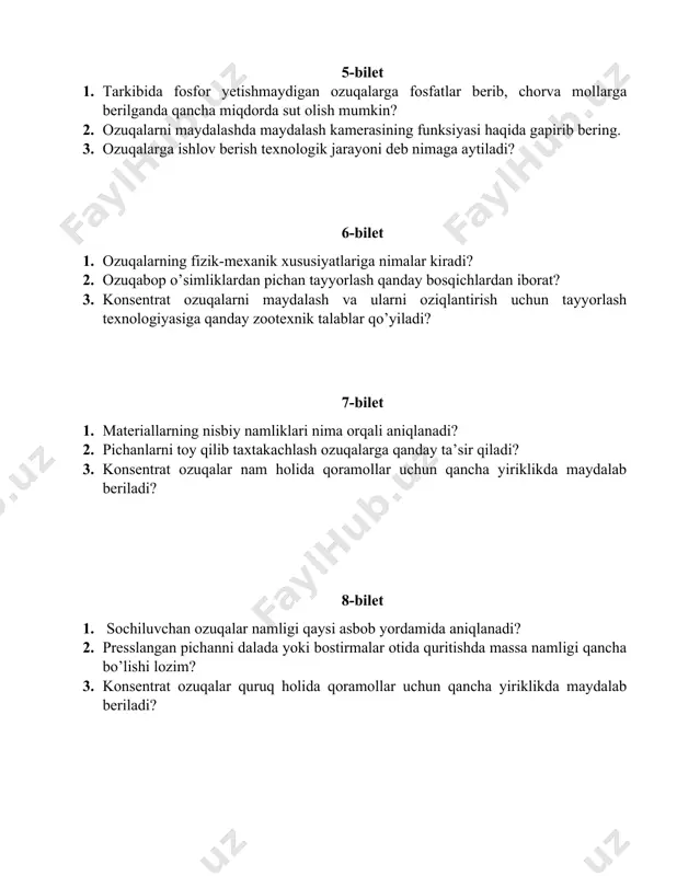 bo’lishi lozim? 3. konsentrat ozuqalar quruq holida qoramollar uchun qancha yiriklikda maydalab beriladi? 9-bilet 1. yengil siloslangan, tarkibida talab etiladigan qand miqdoridan 1,5 barobar ko’p bo’lgan o’simliklarni ayting. 2. presslangan pichanni dalada yoki bostirmalar otida quritishda massaning zichligi qancha bo’lishi lozim? 3. konsentrat ozuqalar uzoq vaqt saqlanganda ozuqa namligi qanchadan oshmasligi kerak? 10-bilet 1. ozuqalarning qanday turlari mavjud? 2. qiyin siloslanadigan, tarkibida talab etilgandan 10-15% kam qand miqdori bo’lgan o’simliklarni ayting. 3. pichanlarni qanday sharoitda saqlagan ma’qul? 4. zootexnik talablarga binoan konsentrat ozuqalarni oziqlantirishga tayyorlashda qanday jarayonlar amalga oshiriladi? 11-bilet 1. shirali ozuqalar qanday turlarga bo’linadi? 2. siloslanmaydigan, tarkibida minimum talab etilgandan ancha kam qand miqdoriga ega o’simliklarni ayting. 3. sifatsiz pichanlar chirib mog’orlay boshlaganda qanday holatga keladi? 4. ozuqalarni saqlash sig’imini qo’llanilishi asosida qayta aylantirish bilan maydalash texnologik jarayoni sxemasini tushuntirib bering. 12-bilet 1. mineral ozuqalarga nimalar kiradi? 2. silos tayyorlash jarayonining ketma-ketligini aytib bering. 3. pichan ishlab chiqarishning …