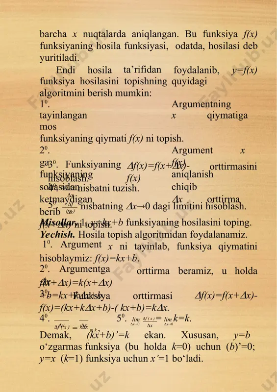 x2 parabolaning o‘qi parabola bilan faqat bitta umumiy nuqtaga ega, lekin parabolaga urinmaydi. egri chiziq urinma to‘g‘ri chiziqning bir tomonida joylashishi muhim xususiyat emas, chunki y=ax3 egri chiziqqa abssissa o‘qi (0;0) nuqtada urinadi, lekin egri chiziq bu o‘qni shu nuqtada kesib o‘tadi. urinmaning egri chiziq bilan yagona umumiy nuqtaga ega bo‘lishi ham uning muxim 1-chizma 2-chizma xususiyati bo‘la olmaydi. masalan x=1 to‘g‘ri chiziq y=sinx sinusoida bilan cheksiz ko‘p umumiy nuqtaga ega, chizma) ammo u sinusoidaga urinadi. (1- urinmaga ta’rif berish uchun limit tushunchasidan foydalanishga to‘g‘ri keladi. faraz qilaylik g biror egri chiziq yoyi, m0 shu egri chiziqning nuqtasi bo‘lsin. egri chiziqqa tegishli n nuqtani tanlab, m0n kesuvchi o‘tkazamiz. agar n nuqta egri chiziq bo‘ylab m0 nuqtaga yaqinlashsa, m0n kesuvchi m0 nuqta atrofida buriladi. shunday holat bo‘lishi mumkinki, n nuqta m0 nuqtaga yaqinlashgan sari m0n kesuvchi biror m0t limit vaziyatga intilishi mumkin. bu holda m0t to‘g‘ri chiziq g egri chiziqning m0 …