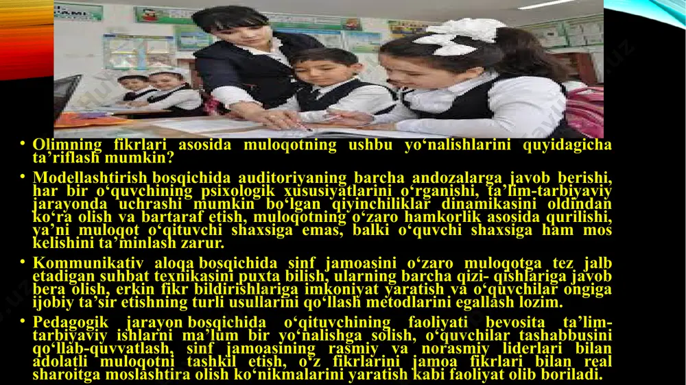 kni namoyish etish, o‘qituvchining sinf jamoasi bilan munosabatda to‘g‘ri va odilona muloqotini tashkil etishda asosiy zamin bo‘ladi. muloqot turli rollar orqali shaxs faoliyati uchun ijtimoiy maydon yaratadi, shaxsning ijtimoiy xulq-atvorini shakllantiradi. o‘ qituvchi ta’lim-tarbiya jarayonida o‘zining shaxsiy tashabbuskor va rahbarlik rolini namoyish etadi. dars jarayonida esa o‘qituvchi o‘quvchilarni tashkilotchi va ijrochi rollarida bo‘lishga imkoniyat yaratishi kerak. muloqot asosida shaxs o‘zligini tanishni o‘rganadi. o‘qituvchi darsni rejalashtirar ekan, faqat o‘rganilayotgan dars mavzusi to‘g‘risidagi ma’lumotlar asosida o‘quvchilarni axborot ko‘lamiga jalb etishni o‘ylamasligi kerak, balki o‘qituvchining yordamiga muhtoj bo‘lgan o‘quvchilarni topishi, ularga yordam berish uchun sharoit yaratishi, har bir o‘quvchining qiziqishini ta’minlovchi sharoitlarni ko‘ra olishi va o‘zaro hamkorlikni ta’minlashi lozim. pedagogik faoliyatda o‘qituvchi muloqot asosida o‘quvchilar bilan yaxshi munosabatni tashkil eta olishi, demokratik talablarni qo‘llashi va birgalikda ijodiy faoliyat olib borishi kerak. pedagogik muloqot esa, bu o‘qituvchi kasbiy faolligining bir ko‘rinishi bo‘lib, bunda ta’lim va tarbiya muammolari o‘qituvchi hamda o‘quv-tarbiya jarayonining boshqa ishtirokchilari o‘rtasidagi …