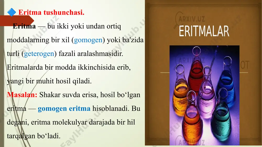 qlashda, shuningdek, yaralar davolash va dializ jarayonlarida muhim ahamiyatga ega. qon tomirlarida: qon plasma proteini va suyuqlik muvozanatini saqlashda osmotik bosim hujayralar ichidagi suv miqdorini boshqaradi. desalinizatsiya: osmotik bosim yordamida tuzli suvdan toza suv olish jarayoni (ichimlik suvi ishlab chiqarishda). osmotik tizimlar: pishirish va sovutish tizimlarida osmotik bosim orqali suv va moddalarning ajratilishi. kolligativ xossalar va ekologik qo‘llanishlar. kolligativ xossalar shuningdek, ekologik muammolarni hal qilishda ham qo‘llanilishi mumkin. misol uchun, tuz va boshqa kimyoviy moddalar agrotexnikada va o‘simliklarni himoya qilishda qo‘llaniladi. bu moddalar o‘simliklar va tuproq tarkibini yaxshilashga yordam beradi. ekologik tozalash va chiqindilarni boshqarish. osmotik bosim va bug‘ bosimining kamayishi kabi kolligativ xossalar ekologik tozalash tizimlarida qo‘llaniladi, ayniqsa chiqindilarni boshqarish va chiqindilarni qayta ishlash jarayonlarida. suv tozalash: desalinizatsiya jarayonida osmotik bosimdan foydalangan holda dengiz suvi yoki boshqa ifloslangan suyuqliklarni tozalash amalga oshiriladi. bu ekologik toza ichimlik suvi olish uchun muhim texnologiya hisoblanadi. chiqindilardan foydali moddalarning ajratilishi: kolligativ xossalar yordamida …