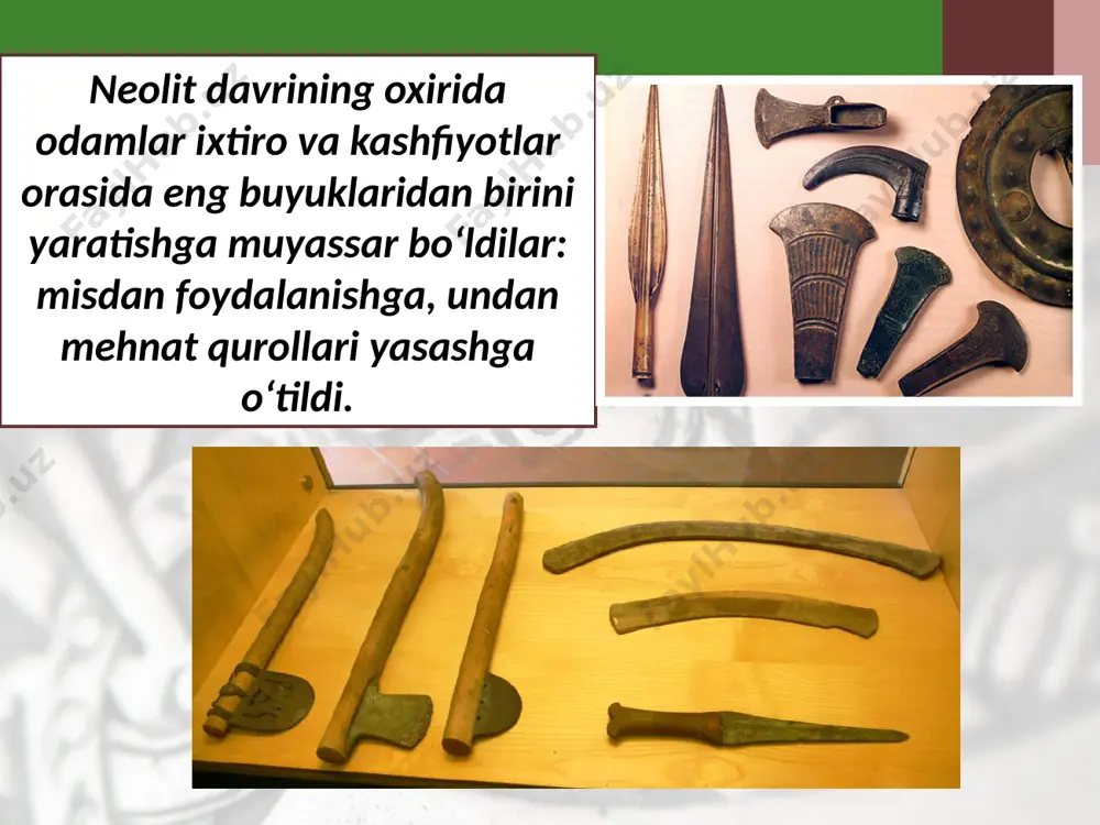 uch yarim ming yil muqaddam surxon vohasida, hozirgi sheroboddan uncha uzoq bo‘lmagan joyda jarqo‘ton manzilgohi vujudga kelgan. bronza davrida odamlar kulolchilik charxi va g‘ildirakni kashf etdilar. shu tariqa harakatlantirish vositalari vujudga keldi. savol va topshiriqlar 1. eneolit davrining neolit davridan asosiy farqlarini ayting. 2. misning kashf etilishi qachon ro’y bergan? 3. mis bronzadan nimasi bilan farq qiladi? 4. nega matriarxatdan patriarxatga o‘tish jarayoni sodir bo‘ldi? 5. bronza davri dehqonlarning manzilgohlari haqida hikoya qiling. 6. dehqonlar turar joy qurilishida qaysi materiallardan foydalanganlar? image2.jpg image3.jpeg image4.jpeg image5.jpeg image6.jpeg image7.jpeg image8.emf image9.jpeg image10.jpeg image11.jpeg image12.jpeg image13.jpeg image14.jpeg image15.jpeg image16.jpeg image17.jpeg image18.png image19.jpeg image1.jpg
