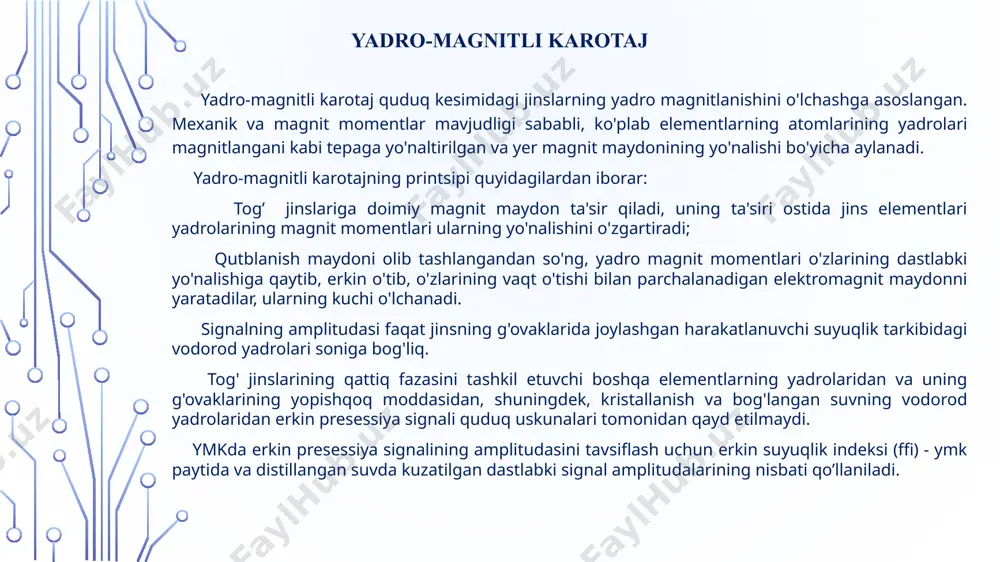 idan foydalaniladi. gamma nurlarini burgʼi qudugʼi radiometri hisoblagichlari qabul qilib elektr signalga aylantaradi. аylantirilgan elektr signallar kuchaytirgichda kuchayib elektr sezgichlarda tozalanadi va kabel orqali yer ustiga yetkazilib karotaj stantsiyasida qayd qilinadi. gamma nurlanish jadalligiga proporsional boʼlgan elektr signallari karotaj stansiyasida diagrammalarga oʼxshab qayd qilinadi, alohida joylashgan, radioaktivlikka ega boʼlgan qatlamlar simmetrik anomal grafiklar beradi. аnomal grafiklarning shakliga burgʼi qudugʼining diametri, burgʼilash qorishmasining tarkibi va zichligi katta taʼsir koʼrsatadi. radioaktivlikni oʼlchashda oʼlchash tezligining, ham taʼsiri bor. temir quvurlar bilan mustahkamlangan burgʼi quduqlarida gamma nurlanishlarini oʼlchash vaqtida quvurning va shu quvurni mahkam ushlab turgan sementning qalinligini taʼsiri boʼladi. gamma karotaj usulining tekshirish radiusi taxminan 30 sm dan iborat. xulosa: yadro-magnitli karotaj quduq kesimidagi jinslarning yadro magnitlanishini o'lchashga asoslangan. tog’ jinslariga doimiy magnit maydon ta'sir qilishi natijasida uning ta'siri ostida jins elementlari yadrolarining magnit momentlari ularning yo'nalishini o'zgartiradi. yozuvchi asbob yordamida signal amplitudasi yozib boriladi. bunda signalning amplitudasi faqat jinsning g'ovaklarida joylashgan harakatlanuvchi …