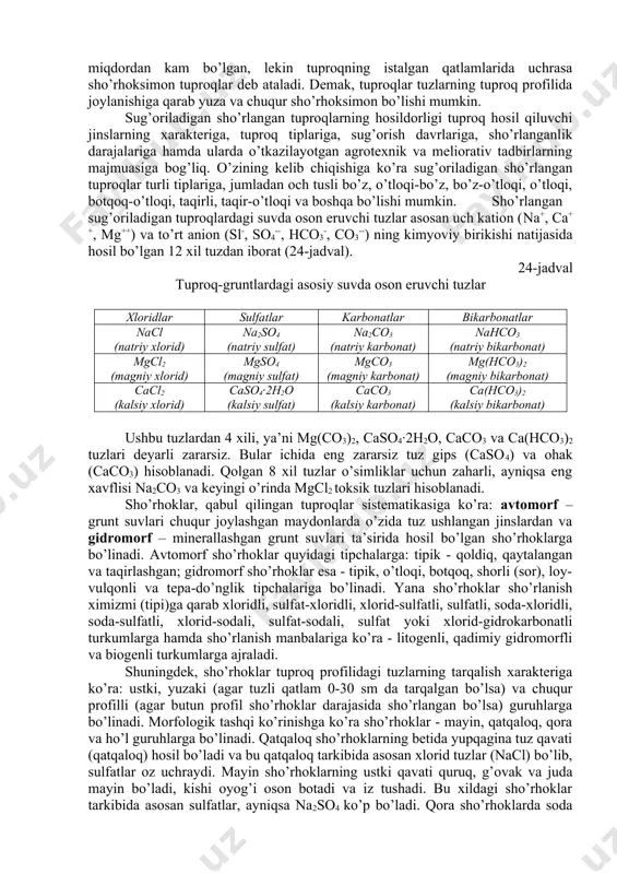 gar tuproqning yuqorigi 0-30 sm qatlamida 0,6 % ortiq soda, 0,1 % dan ortiq xlor va 2% dan ortiq sulfatlar uchrasa, bunday sho’r tuproqlar sho’rhoklar deb ataladi. tuproqlarning bunday tabaqalanishi tuzlarning turlicha zaharliligidan kelib chiqadi. masalan, eng zaharli tuz soda (na2co3) hisoblanadi. uning 0,6 % miqdori tuproqni butunlay unumsiz holatga keltiradi, 0,1 % atrofidagi miqdori o’simliklarning normal o’sishi va rivojlanishiga salbiy ta’sir etadi. dunyo tuproq xaritasidagi (fao) tuproqlar sistemastikasida (tizimida) yuqorigi 0-15 sm li qatlamda 3 % dan ortiq miqdorda tuz ushlagan tuproqlar sho’rhoklar guruhiga kiritilgan. yuqorida ko’rsatilgan miqdordagi tuzlar tuproqning yuza qatlamida emas, balki chuqurroq qatlamlarida bo’lgan tuproqlar sho’rhokli tuproqlar va shu miqdordan kam bo’lgan, lekin tuproqning istalgan qatlamlarida uchrasa sho’rhoksimon tuproqlar deb ataladi. demak, tuproqlar tuzlarning tuproq profilida joylanishiga qarab yuza va chuqur sho’rhoksimon bo’lishi mumkin. sug’oriladigan sho’rlangan tuproqlarning hosildorligi tuproq hosil qiluvchi jinslarning xarakteriga, tuproq tiplariga, sug’orish davrlariga, sho’rlanganlik darajalariga hamda ularda o’tkazilayotgan agrotexnik va meliorativ tadbirlarning …