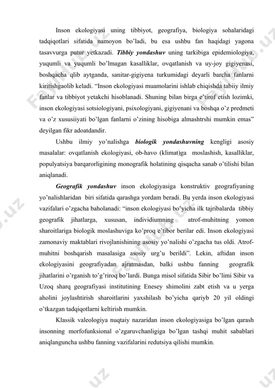 g’riroq bo’lardi. bunga misol sifatida sibir bo’limi sibir va uzoq sharq geografiyasi institutining enesey shimolini zabt etish va u yerga aholini joylashtirish sharoitlarini yaxshilash bo’yicha qariyb 20 yil oldingi o’tkazgan tadqiqotlarni keltirish mumkin. klassik valeologiya nuqtaiy nazaridan inson ekologiyasiga bo’lgan qarash insonning morfofunksional o’zgaruvchanligiga bo’lgan tashqi muhit sabablari aniqlanguncha ushbu fanning vazifalarini redutsiya qilishi mumkin. integrativ valeologiya tomonidan hal etiladigan vazifalar biz rivojlanayotgan tasavvurlarga muvofiq, integrativ valeologiyaning istalgan yo’nalishi, uning xossalari va sifatlari, ular o’zgaruvchanligining shakli va omillari chegarasida mavjud bo’lgan insonning somatopsixik yaxlitligini o’zining birinchi maqsadi sifatida qo’yadi. inson ekologiyasi va integrativ valeologiyaning ilmiy qarashlari bizning matbuotdagi so’ngi chiqishlarimizning birida ko’rib chiqiladi. uning xulosasidan ayrim qismlarini keltiramizki, bu ular bildirayotgan fikrlarni batafsil asoslashga hojat qoldirmaydi. -integrativ valeologiya insonning somatopsixik yaxlitligi, uning tarkibiy o’zgaruvchanligining shakllari va omillari (taqqoslash chegarasidan tashqaridagii boshqa vazifalar) ni o’rganadi; -inson ekologiyasi tizimni (inson-tashqi muhit), (muhitning biologik, abiotik, ijtimoiy qismlarini qo’shgan holda) va individ, shaxs holati …