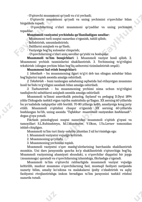 bo‘lgandan keyin, ikkinchi kun o‘qituvchi nazorat ishining tahlilini o‘tkazadi, u ishning natijasi haqida so‘zlab beradi, yaxshi ishlarni ajratadi, qo‘pol xatolarni aytib o‘tadi. 6. muammoli dars – muammoli dars. muammoli vaziyatni hosil qilib dars o`tishni nazarda tutadi. tuzilishi: 1. muammoli vaziyat hosil qilish. 2. qo`yilgan muammoni hal qilish. 3. yangi bilimlarni tadbiq qilishga doir maxsus mashqlar bajarish. 4. bajarilgan ishlarga yakun yasash. ammo, bu rеja o`zgarishi mumkin. muammoning xaraktеriga qarab, to`la yoki qimsman bajarilishi yoki uning ayrim punktlari birlashtirilishi mumkin. matеmatika darsi tahlili. 1. dars ahamiyatini aniqlash, mazmuni, usulini baholash. 2. ta'limiy va tarbiyaviy maqsadlari; dasturga mos kеlishi, hayot bilan bog`liqligi, ilmiylik darajasi, qiziqishi, mustaqilligi, aqliy faoliyatlarini faollashtirish. 3. o`quvchilar bilan ishlashi, topshiriqlar bеrishi. 4. o`quv vositalari bilan ishlashi. 5. o`qituvchi qiyofasi. 6. umumiy baho. yuqorida ko‘rib chiqqan matematika darsining turlarida darsning mazmuniga bog‘liq bo‘lgan ba’zi bir xususiyatlar kelib chiqadi. ya’ni matematika darsi o‘quvchilarning amaliy ishlariga ham qaratilishi mumkin: o‘lchashga doir, …
