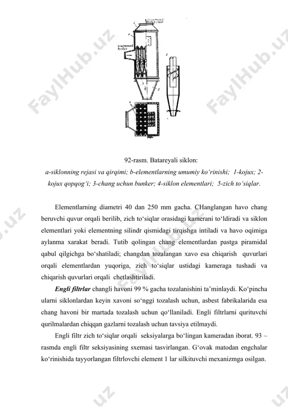 hkil topgan zaryadlovchi elektrodlar joylashtirilgan. cho‘ktiruvchi elektrodlar erga, 94-rasm. gorizontal plastikali elektrfiltrning sxemasi: a-elektrfiltr kesimi; b-elektrfiltrning o‘zaro joylashishi; 1-kojux; 2-cho‘ktiruvchi elektrod; 3-zaryadlovchi elektrod. zaryadlovchi elektrodlar esa yuqori kuchlanishli (60 ming v gacha) doimiy tok manbaiga ulanadi. plastinka va simli elektrodlar orasida hosil bo‘luvchi bir jinsli bo‘lmagan elektr maydonida yuqori kuchlanish ta’sirida tojli razryad hosil bo‘ladi. zaryadlovchi elektrodlar atrofida kuchsiz shu’lalanish paydo bo‘ladi. changli havo elektrfiltr kamerasiga kiradi va plastinkalar orasidan o‘tadi. gazning ionlangan molekulalari chang zarrachalarini manfiy zaryadlaydi va bu zarrachalarni musbat plastinkali elektrodga tortilishiga olib keladi. plastinkalarga cho‘kkan chang elektrod silkitilganda qabul qiluvchi idishga tushadi va maxsus teshik orqali bo‘shatiladi, changdan tozalangan gaz atmosferaga chiqariladi yoki changsizlantirishning keyingi operatsiyasiga yo‘naltiriladi. gaz elektrfiltr orqali ventilyator yordamida so‘rib chiqariladi. ho‘l chang ushlagichlar boyitish fabrikalarida ho‘l chang ushlagichlar quritish barabanlaridan chiqqan gazlarni oxirgi tozalash uchun ishlatiladi. ushlangan chang suv bilan aralashib shlamlarni hosil qiladi va shlamli tindirgichlarda suvsizlantiriladi. uchlik skrubber balandligi 10 …