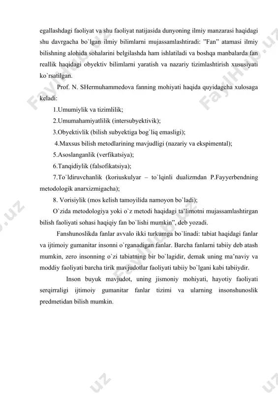 · umumiy daraja; · xususiy ilmiy daraja; metodologiyaning falsafiy darajasi gnoseologiya (epesemologiya, bilim nazariyasi, bilish haqidagi ta’limot) muammolariga yaqin. metodologiyaning umumiylik darajasi alohida ilmiy bilim bilan falsafiy bilmning o`ziga xos sintezidir. metodologiyaning alohida ilmiy darajasi esa, o`z navbatida, umumiylik metodologiya bilan tegishli xususiy fan bilimlar tizimini sintezi demakdir”. fan metodologiyasi, avvalo, umummetodologik tamoyillarga asoslanadi va o`z predmetiga asosan tadqiqot obyektini ilmiy bilish o`ziga xos metodik imkoniyatlardan, ta’limotlardan foydalanadi. har bir fandagi singari umumiylik va xususiylik tamoyili pedagogik tadqiqotlarning metodologik asosidir. yuqorida ta’kidlanganidek, falsafiy qonun va kategoriyalar, tamoyillar barcha tabiiy fanlar singari ijtimoiy – gumanitar, jumladan, pedagogik tadqiqotlarning umummetodologik asosidir. hozirgi davrda ilmiy bilish ko`proq falsafa va fanlarning o`zaro bog`liqligi bilan harakterlanadi. inchunun, fan falsafasi (n. shermuhammedova) fanlarning umummetodologik mohiyatini ifodalaydi. obyektiv borliqni ilmiy bilishda filosofiya maxsus fanlar yutug`idan foydalanadi, filosofiya bilish nazariyasini umumlashtirsa, pedagogik bilish jarayonining qonuniyatlari, mazmuni, metod vositalarini tadqiq etadi, filosofiyaning dialektik qonuniyati barcha fanlar uchun umummetodologik harakter …