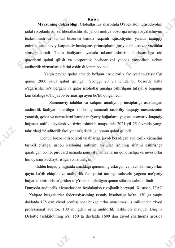 shmagan holda, auditorlik tashkilotlari ishi sifatini tashqi nazoratdan o'tkazish, majburiy auditorlik tekshiruvidan o'tishi zarur bo'lgan ijtimoiy ahamiyatga ega bo'lgan tashkilotlar ro'yxatini shakllantirishni nazarda tutadi. ayni kezda unda auditorlar malakasini oshirishning samarali tizimini yaratish, jahonning ilg'or tajribalarini tatbiq qilish, tartibga soladigan qoida va normalarni hamda me'yoriy hujjatlarni yagona normativ-huquqiy hujjatda unifikatsiyalash va tizimlashtirish, manfaatlar to'qnashuvining oldini olishga yo'naltirilgan auditorlar professional faoliyatining axloq qoidalarini joriy etish kabi muhim masalalar ham qamrab olingan. hujjatda qonunning maqsadi, auditorlik faoliyati to'g'risidagi qonunchilik, asosiy tushunchalar, printsiplar va uning standartlari yoritilgan. mustaqillik, xolislik va halollik, kasbiy bilimga egalik hamda axborotning maxfiyligi sohaning asosiy printsiplari hisoblanadi. moliyaviy hisobotdan foydalanuvchilarni ishonchli axborotlar bilan ta'minlash maqsadida o'zbekistonda auditorlik faoliyatini faqat auditning xalqaro standartlar asosida amalga oshirish belgilangan. bu esa, o'z navbatida, moliyaviy axborotlarning ishonchliligini oshiradi va axborot xatarini kamaytiradi. qonunda auditorlik faoliyati boradasigi davlat siyosatining asosiy yo'nalishlari belgilab berilgan. auditor va uning yordamchisi, auditorlarni sertifikatlash tizimida to'g'ridan-to'g'ri amal qiladigan normalar …