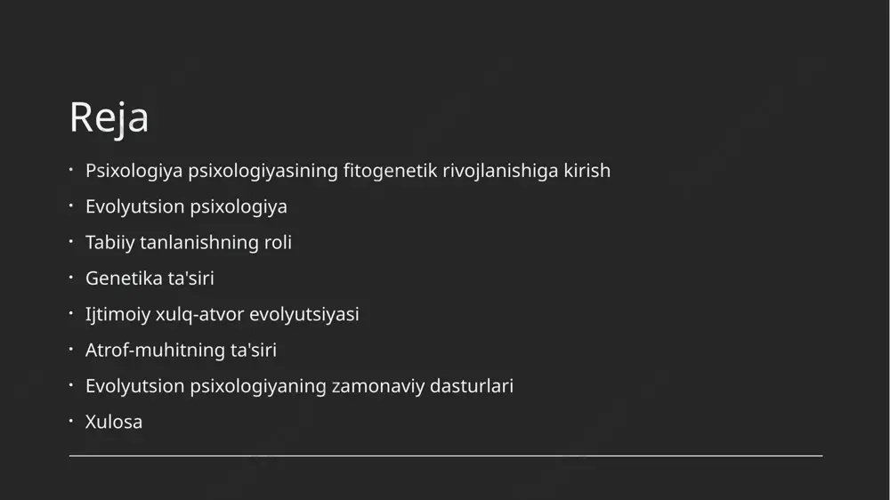 him rol o'ynab, atrof-muhit ham hal qiluvchi rol o'ynaydi.masalan, madaniy amaliyotlar va ijtimoiy normalar jismoniy shaxslar va guruhlarda psixologik rivojlanishni shakllantirishi mumkin. photo by markus spiske on unsplash evolyutsion psixologiyaning zamonaviy dasturlari evolyutsion psixologiya turli sohalarda, jumladan, turmush o'rtog'ini tanlash, ota-onalarning xatti-harakatlari va hatto iste'molchilarning xatti-harakatlarini tushunish.insonning xatti-harakatlarining evolyutsion ildizlarini tushunish orqali psixologlar zamonaviy muammolarni yaxshiroq tushunishlari va ko'rib chiqishlari mumkin. photo by lieselot. dalle on unsplash xulosa psixologiyaning fitogenik rivojlanishi insonning xatti-harakati va aqliy jarayonlarining kelib chiqishi uchun qimmatli tushunchalarni ta'minlaydi.vaqt o'tishi bilan psixologiya qanday rivojlanganligini tushunib, inson ongining murakkabligini chuqurroq tushunishimiz mumkin. photo by christina deravedisian on unsplash e'tiboringiz uchun rahmat! image1.jpg image2.jpg image3.jpg image4.jpg image5.jpg image6.jpg image7.jpg image8.jpg /docprops/thumbnail.jpeg