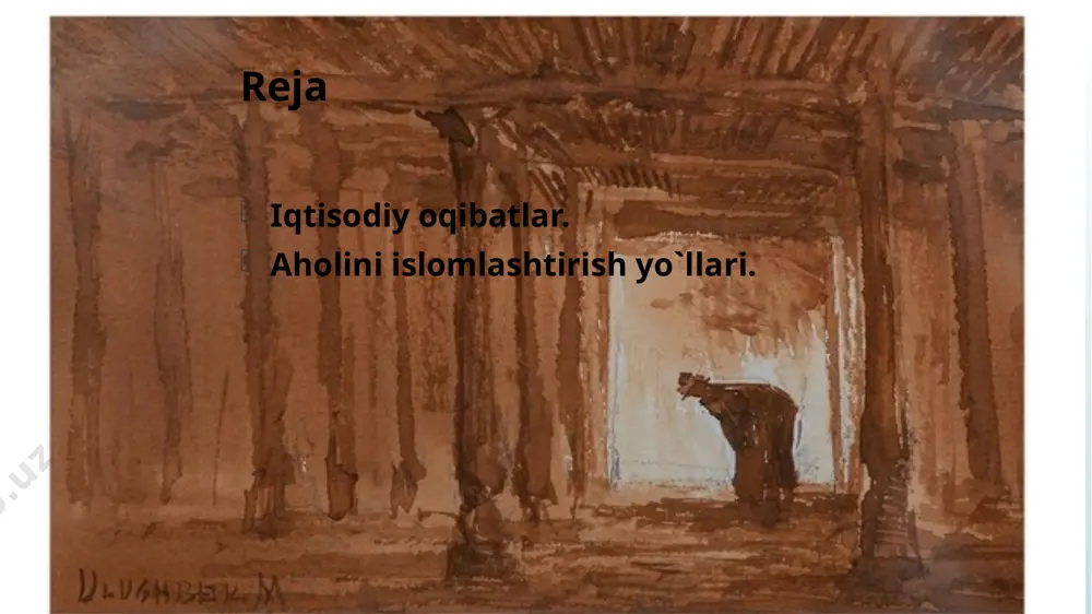 da e`tibor berdilar. shu boisdan ular shu paytgacha movarounnahrda mavjud bo`lgan dinlarga qarshi qattiq kurash olib bordilar. ibodathonalar vayron etilib ularning o`rniga jome masjidlar bino qildilar. qutayba buxoro shahrini markazida joylashgan zardushtiylar ibodathonasini jome masjidga aylantirdi. masjidga kelib namoz o`qiganlarga hatto ikki dirhamdan pul hadya etishni joriy qildi. masjid aholining islomlashtirish yo`llari islom dinini qabul qilib musulmon bo`lgan mahalliy aholivakillari dastlabki yillarda xiroj va jizya soliqlaridan ozod etilgan. islomni qabul qilmaganlardan jonsolig`i-jizya undirib olingan. soliqlarni o` vaqtida to`lamagan kishilarning bo`ynilariga qarzdor deb yozilgan taxtacha osib qo`yilgan. mahalliy davlat boshliqlarining ko`pchiligi o`z hudulari va imtiyozlarini saqlab qolish uchun islom dinini qabul qilganlar. islomni qabul qilmagan zodagonlardan yerlari tortib olingan. bunday choralar movarounnahrda islom dining tez tarqalishiga yordam bergan. yangi mavzuni mustahkamlash soliqlar “jizya” “xiroj” “zakot” “ushr” test 1. islomni qabul qilgan mahalliy aholi dastlabki yillarda qaysi soliqdan ozod etilgan edi? a) xiroj va jizya xiroj jizya zakot 2. arablar tomonidan o‟rnatilgan …