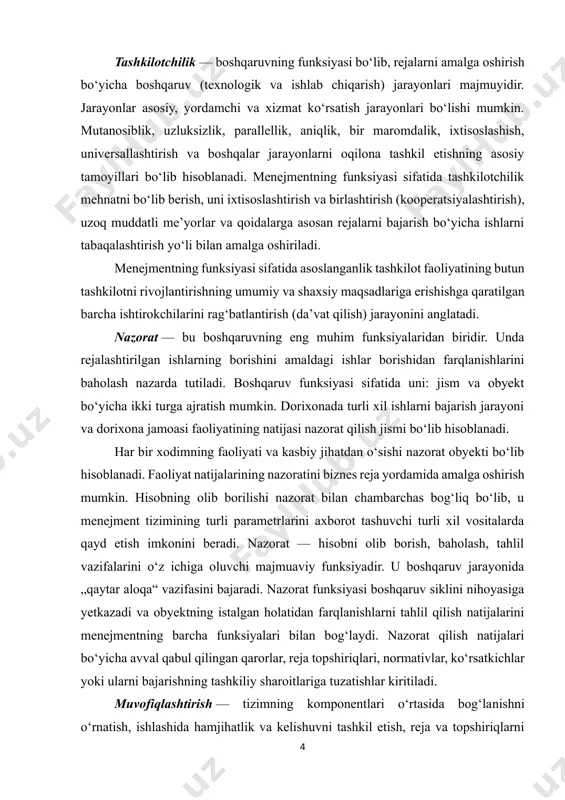 o‘rtasida bog‘lanishni o‘rnatish, ishlashida hamjihatlik va kelishuvni tashkil etish, reja va topshiriqlarni bajarishda tezkor dispetcherizatsiya bo‘yicha, menejmentning markaziy funksiyasi bo‘lib hisoblanadi. bu eng murakkab funksiyalardan biri bo‘lib, odatda, menejerlar tomonidan bajariladi. u tashkilotning menejment tizimi ishlashi samaradorligiga ta’sir ko‘rsatuvchi tashqi muhit omillari o‘zgarishini o‘rganib chiqishga va menejment tizimi parametrlarini tashqi muhit talablariga keltirish choralarini ko‘rishga yo‘naltirilgan bo‘ladi. bu tuzatishlar kirituvchi choralarni ishlab chiqish va aniqlangan chetga chiqishlarni o‘z vaqtida bartaraf etilishini ta’minlovchi qarorlarni amalga oshirish jarayonidir. tuzatishlar kiritish vazifasi — tashkilotning maqsadlariga o‘z vaqtida va samarali erishilishini ta’minlash maqsadida reja topshiriqlarini, normativlarni, standartlarni yangilashdan iborat. boshqaruvni har qanday jarayonining umumiy funksiyalari o‘rtasidagi o‘zaro bog‘lanish 1- chizmada keltirilgan. sxemadagi yo‘nalishli chiziqchalar shuni ko‘rsatadiki, rejalashtirish bosqichidan nazorat bosqichigacha bo‘lgan harakatni faqat jarayonni tashkil etish va ishlayotganlarga mehnatni asoslash yo‘li bilan amalga oshirish mumkin. bunda qolgan barcha funksiyalarning kelishuvini va hamjihatligini ta’minlovchi muvofiqlashtirish funksiyasi markaziy o‘rinni egallaydi. o‘zaro bog‘langan funksiyalarning har bir juftligi …