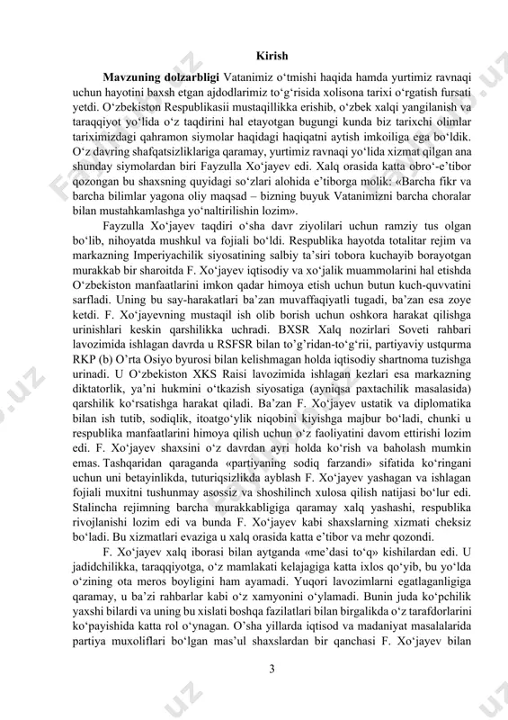 kadagi 18 kishidan iborat mas’ul xodimlarning chiqishlarida f. xо‘jayev ham ishtirok etib, qо‘llab-quvvatlagani bugungi kunda ma’lum bо‘ld. mavzuning maqsad va vazifasi bxsr ning nozirlar kengashi raisi bo’lgan yetuk arbob fayzulla xo’jayevning ozodlik uchun olib borgan harakatlarini o’rganish va tahlil etish. bugungi kunda fayzulla xo’jayevning olib borgan ishlari, buxoroda amirlik siyosatini tugatib respublika tashkil qilish siyosati, marifatparvar jadidlarning imtiyozlarini oshirish kabi qilgan ishlarini hozirda saqlanib kelayotgan arxiv hujjatlaridan, shu davrga oid asarlardan to’g’ri yondoshilgan holda o’rganishdir. mavzuning ob’ekti va predmeti fayzulla xo’jayevga aloqador bo’lgan hujjatlarni o’rganish va ulardan to’g’ri xulosa chiqarishdir. zero, birinchi prezidentimiz i. a. karimovning “tarixga murojaat qilar ekanmiz, u xalq xotirasi ekanligini nazarda tutishimiz kerak. xotirasiz barkamol kishi bo`lmaganidek, o`z tarixini bilmagan xalqning kelajagi ham bo`lmaydi”[footnoteref:1] degan fikrlari davlatchilik masalalari bilan bevosita shug`ullanuvchi olimlar oldiga katta vazifalarni yuklaydi. 1996 yil 22 fevralda o’zbekiston respublikasi vazirlar mahkamasi yirik davlat va jamoat arbobi f. xо‘jayevning 100 yilligini nishonlash haqida qaror …