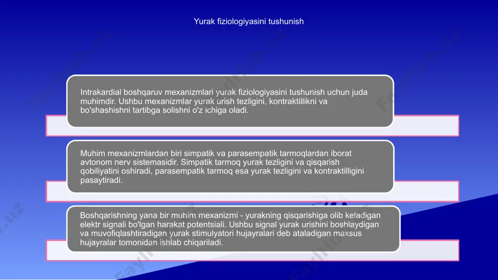 larning oqimini osonlashtiradi, yurak ichidagi mushaklarning qisqarishi va elektr impulslariga ta'sir qiladi. intrakardial nazoratda ion kanallarining rolini tushunish yurak fiziologiyasining murakkabliklarini ochish va maqsadli davolash strategiyalarini ishlab chiqish uchun juda muhimdir. kaltsiy bilan ishlash va qo'zg'alish-qisqarish birikmasi boshqarishning intrakardial mexanizmlari kaltsiy bilan ishlov berish va qo'zg'alish-qisqarish birikmasini o'z ichiga oladi. ushbu jarayonlar yurakning normal ishlashini ta'minlash uchun juda muhimdir. kaltsiy bilan ishlash yurak miyositlari ichidagi kaltsiy ionlarini tartibga solishni anglatadi. bu yurak qisqarishida muhim rol o'ynaydigan ushbu ionlarni chiqarish, qayta qabul qilish va saqlashni o'z ichiga oladi. qo'zg'alish-qisqarish birikmasi - bu elektr qo'zg'alish yurak mushaklarining qisqarishini keltirib chiqaradigan jarayon. bu birikma kaltsiy ionlari va kontraktil oqsillar o'rtasidagi o'zaro ta'sir orqali amalga oshiriladi. yurak ichidagi qayta aloqa mexanizmlari nazoratning intrakardial mexanizmlari uning faoliyatini saqlab qolish uchun yurak ichidagi qayta aloqa mexanizmlarini o'z ichiga oladi. ushbu mexanizmlar yurak urish tezligini, ritmini va kontraktilligini tartibga solishga yordam beradi, yurakning optimal ishlashini ta'minlaydi. intrakardiyak …