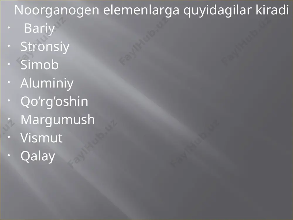 zmga zaharli tasiri – u anemiyaga sabab bo’ladi oqibatda qizil qon tanachalari va gemoglobin kamayadi. uning organizmda ko’payishi teri, yuqori nafas organlarni zaharlaydi va asab kasalliklariga olib keladi. qalay bilan zaharlangan 59% kasallarda ensefalopatiya, 38% da aqliy zaiflik kuzatiladi. noorganogen elementlarni yer po’stlog’ida uchrashi element nomlari yer po’stida uchrashi % bariy 5*10-5 stronsiy 4*10 -2 kadmiy 1,35*10-5 simob 7*10-6 aluminiy 8,8 qo’rg’oshin 7*10-6 margumush 1,7*10-4 vismut - surma 1*10-6 qalay 8*10-3 noorganogen elementlarning organlarda uchrashi element nomlari qaysi organlarda uchrashi bariy k’oz pigmenti qavatida margumush eritrotsitlar taloq oqsil toqimalarda vismut jigar, buyrak va ichki sekretsiya bezlarida surma buyrakda taloqda qalay jigar, o’pka, buyrak va eritritsitlarda aluminiy bosh miyada, o’pka, jigar, va suyaklarda noorganogen elementlarning organizmda uchrash foizi element nomlari organizmda uchrash % bariy 1*10-5 kadmiy 1*10-4 simob 1*10-6 aluminiy 8,7*10-5 qo’rg’oshin 1*10-4 margumush 1*10-6 vismut 1*10-6 surma 1*10-6 qalay 1*10-4 noorganogen elementlarning tibbiyotda qo’llanishi formula nomlanishi qollanishi baso4 bariy sulfat …