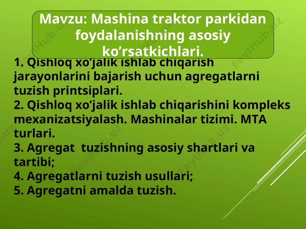 an agregatlarni tanlashdan iborat. agregat tuzishning asosiy shartlari texnologik ishlarning agrotexnika talablariga muvofiq yuqori sifatda bajarilishini; aniq ish sharoitiga, ya’ni maydonning o’lchamiga va materiallarning holatiga mos kelishini; dvigatel quvvatidan to’liq hamda traktorning tortish kuchidan belgilangan chegaralarda foydalanishni; ishlov beriladigan maydon va olingan mahsulot birligiga eng kam mehnat, energiya va yoqilg’i sarflanishini; xarakatchanlik (manevr) xususiyatlarini va xizmat ko’rsatish qulayligini; agregatda ishlaydigan mexanizator va yordamchi ishchilarga oid mehnat muhofazasi va tehnika havfsizligi talablariga javob berishini ta’minlashi talab etiladi. agregat tuzishning tartibi agregatni tuzish quyidagi tatibda bajariladi: 1) texnologik ishning sharoitlari va agrotexnika talablari aniqlanadi; 2) traktor va qishloq xo’jaligi mashinasining rusumi tanlanadi; 3) texnologik ishni bajarish uchun agregat tezligi tanlanadi va traktorning ish uzatmasi aniqlanadi. 4) agregatdagi mashinalarning qamrash kengligi va soni aniqlanadi; 5) agregat amalda tuziladi, ya’ni qishloq xo’jaligi mashinasi traktorga tirkaladi yoki o’rnatiladi, so’ngra texnologik sozlanadi; 6) tuzilgan qishloq xo’jaligi agregati dala sharoitida ishlatib ko’riladi hamda uning ko’rsatgichlari baholanadi. agregat …
