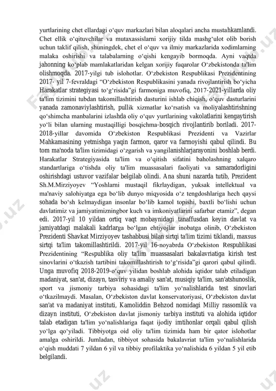 universitetlarining filiallari ochildi. jumladan, buyuk britaniyaning xalqaro vestminster universiteti, toshkent shahrida m.v. lomonosov nomidagi moskva davlat universiteti, i.m.gubkin nomidagi rossiya neft va gaz davlat universiteti, singapur menejmentni rivojlantirish instituti, italiyaning turin politexnika universiteti filiallari ish boshladi. shuningdek, toshkentda g.v. plexanov nomidagi rossiya iqtisodiyot akademiyasi va janubiy koreyaning inha universiteti filiallari ham o‘zbek yoshlariga o‘z ta'lim sirlarini o‘rgatmoqdalar. xorijiy universitetlarning toshkentdagi filiallari vest minster universitet i m.v.lo monosov nomidagi moskva davlat universitetinin g filiali i.m. gubkin nomidagi rossiya neft va gaz davlat universite ti filial sing apur menejment ni rivojlantiri sh instituti filial turin politexnika universiteti filiali g.v.p lexanov nomidagi rossiya iqtisodiyot akademiyas i filiali janub iy koreyaning inha universiteti filiali 200 2 2006 2007 2008 2009 2009 2014 iqtis odiyot va biznes matematika va psixologiya neft va gaz menejmen texnika va texnologiya la iqtisodiyot axborot texnologiya lar yurtimiz va xorijdagi o‘quv maskanlarida yuzlab iqtidorli yoshlar ta'lim olmoqda va o‘z malakasini …