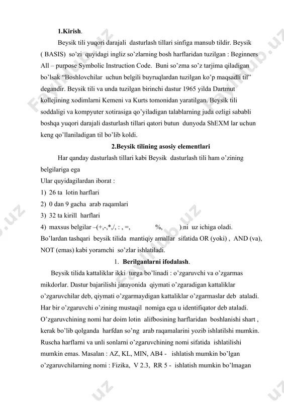 , kl, min, ab4 - ishlatish mumkin bo’lgan o’zgaruvchilarning nomi : fizika, v 2.3, rr 5 - ishlatish mumkin bo’lmagan o’zgaruvchilarning nomi. o’zgaruvchilarning nomerlarini beligilashda quyidagi qoidalarga rioya qilinadi: 1. o’zgaruvchilar nomi 6 ta belgidan oshmasligi kerak. o’zgaruvchilarning nomlari birinchi ikki belgilari bilan farqlanadilar masalan alfa ,alla, als, al2, al o’zgaruvchilar kompyuter uchun bir o’zgaruvchini bildiradi-.al 2. o’zgaruvchining nomi lotin harifdan boshlanishi shart. lotin harfidan so’ng arab raqamlarini ishlatish mumkin. rus harflarini ishlatish mumkin emas. 3. o’zgaruvchining nomi kompyuterning maxsus so’zlari bilan ustma-ust tushmasligi kerak. masalan,. o’zgaruvchining nomlari or, ore, order, or2, to for va shu kabi so’zlar bo’lishi mumkin emas. beysikda o’zgaruvchilar 3 xil bo’ladi : xaqiqiy. butun va harfiy. xaqiqiy sonar beysik tilida matematika qabulqilingan oddiy unli kasr ko’rinishida yoziladi, faqat sonning butun qismini kasr qismidan ajratuvchi vergul o’rniga nuqta qo’yiladi. juda katta va juda kichik sonlarni yozishda ularni unning darajasi sifatida ifodalash mumkin. buning uchun e belgisidan …