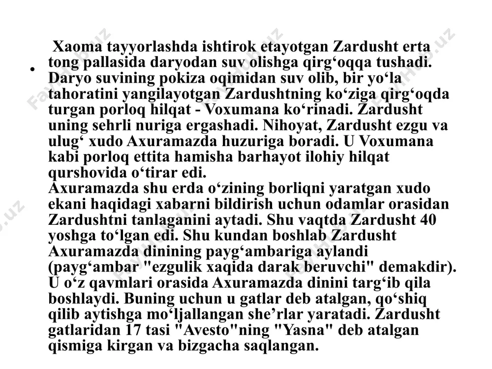 kishilik tarixida “harbiy demokratiya davriga” to‘g‘ri keladi. to‘rtinchi davrning so‘nggida “oxirgi zamon” boshlanadi. avesto bu borliq dunyoni odam uchun sinov maydoni, deb tushuntiradi. zero, insoniyat, dastlab, yima podsho bo‘lgan davrlarda azaliy-abadiy baxt-saodat makonida kasallik va o‘lim ko‘rmay, oltin asrni boshidan kechirgan. yima ming yil podsho bo‘lib, jannatmakon yurtni yaratgan. unda mag‘rurlik g‘olib kelib, axuramazda man etgan taom-qoramol go‘shtini еb qo‘yadi va jazoga tortiladi. natijada, uning avlodlari, ya’ni barcha odamzod tirikchilik dardi – tashvishlariga giriftor bo‘ladi, ya’ni еyish-ichish zaruriyatiga, kasalliklar va o‘limga yuzma-yuz bo‘ladi. axriman axuramazda tanasidan ajrab chiqib, yovuzliklar yaratishga tutinadi. endi, dunyoni azaliy ezgulik bag‘riga qaytarishning birdan bir yo‘li pok hayot, halol mehnat, yaratuvchilik, yovuzlikni qalbdan chiqarib tashlash, iymonli e’tiqodli bo‘lish, miskinlarga yordam berish, yaxshi niyat, yaxshi so‘z va yaxshi amallarga qo‘l urishdir. shunday qilib, avesto dunyodagi eng qadimgi din - zardushtiylik ta’limotini axloqiy falsafasi, bu kitob nafaqat diniy, balki keng ma’noda tarixiy va adabiy manba, ajdodlarimizning uzoq o‘tmish …