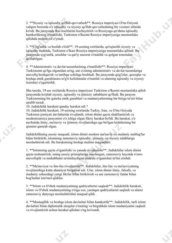 ik va madaniy jamlanmalariga bo'lishi, ularning mustaqil mustaqil madaniy va siyosiy yordamida qo'llanilishi ham xonliklarga bo'linib ketish sabablari hisoblanadi. 3. **iqtisodiy o'rmonlar**: o'rta osiyoning iqtisodiy o'rmonlari va resurslari tuzilishi, bu davlatlar o'rtasidagi moliyaviy va iqtisodiy munosabatlar uning bo'linishi sabablari bo'lishi mumkin. 7. shayboniylar va ashtarxoniylar davrida movaraunnahr siyosiy va iqtisodiy ahvol qanday edi? xiva xonligi qachon tashkil topdi? 7. javob:shayboniylar va ashtarxoniylar davri movarounnahrda siyosiy va iqtisodiy ahvol oldukça muammolı va o'zgaruvchan edi. siyosiy ahvolda, bu davrda movarounnahrda bir necha davlat va qabilar o'zaro kurashdi va jarayonlar qisqacha davom etdi. shayboniylar va ashtarxoniylar bu davrda movarounnahrda kuchli sultonliklar bilan turli shaharlar va qishloqlarni kontrol qildilar. bu davrda hududlarning o'zgarishi va harakatlar movarounnahrda siyosiy qo'llanma va ildizlar orqali amalga oshirildi. iqtisodiy ahvol esa, shaharlar movarounnahrda sanoat, madaniyat va tijorat markazlari sifatida o'zaro aloqalarning o'rnatilishi bilan ajralib turdi. qishloq xo'jaligi va suv resurslaridan foydalanish muhim edi. bu davrda movarounnahrda sanoat, kasb-hunar, va …