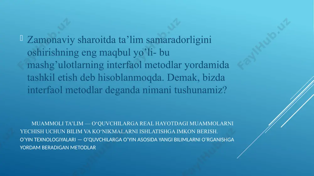 rni hayotga olib kelish, o‘quvchilarga ularning hayotda qanday qo‘llanilishini tushunishga yordam berish. 2. hamkorlikda o‘qitish o‘quvchilarni kichik guruh yoki butun sinfning faoliyatini rag‘batlantirish orqali birgalikda ishlashga qodir bo‘lgan o‘quvchilarni rag‘batlantirish. zamonaviy sharoitda ta’lim samaradorligini oshirishning eng maqbul yo’li- bu mashg’ulotlarning interfaol metodlar yordamida tashkil etish deb hisoblanmoqda. interfaol metodlar orqali o‘quvchilarda faollik va mustaqil fikrlashni shakllantirish interfaol metodlar o‘quvchilarda faollikni va mustaqil fikrlashni rivojlantirishda muhim rol o‘ynaydi. o‘quvchilar dars jarayonida faollashgan sayin, ularning mustaqil fikrlash qobiliyatlari shakllanadi. interfaol metodlar, ayniqsa, muammoli ta’lim usullari orqali o‘quvchilar o‘z bilimlarini amaliyotda qo‘llashni o‘rganadilar va yangi bilimlarni yaratishda qatnashadilar. bu esa ularning ijodiy fikrlashiga, muammoni tahlil qilish qobiliyatiga va tezkor qarorlar qabul qilishga yordam beradi. mantiqiy nuqtai nazardan, eng avvalo, ijtimoiy subyektlarning suhbat, o’zaro hamkorlikka asoslangan harakat, faoloiyatning olib borilishlarini ifodalaydi maktab ostonasiga ilk qadam qo'yib boshlang‘ich sinfga qabul qilingan bolaning faoliyatida o'yin asosiy o'rinni egallaydi. o'yin ularning eng sevimli mashg‘uloti bo'lib, ular har …