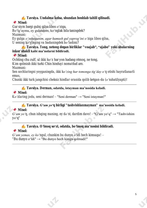 b) agar oftob sening husningdan olmagan bo‘lsa, nega u seningdek oltin kiyim kiygan kiyib olgan, deb lirik qahramon ma’shuqadan so‘ramoqda. c) sening husningga zar kiyganlar xaridor bo‘l, nega u oftob bularga e’tibor bermaydi, deb lirik qahramon ma’shuqaga murojaat qilmoqda. d) agar sening husningga oftob xaridor bo‘lmasa, nega u oltin kiyim kiyib olib, 7 muhabbat izhoz qilmoqda, deb lirik qahramon ma’shuqadan so‘ramoqda. 2. 3-bayt haqida berilgan xató fikrni toping. a) shoir oftob yorni qidirmasligi uchun, undan yuzini ochishni so‘ramoqda. b) shoir ma’shuqadan oftob o‘z iztiroblarini unutishi uchun yuzini el oldida namoyon qilishini so‘ramoqda. c) baytda husni ta’lil san’atidan unumli foydalanilgan. d) elning, shu jumladan, oftobning ham iztiroblari sababchisi o‘sha yor. bu iztiroblardan xalos qilishi uchun yor yuzini ochib, elga namoyon qilishi kerak. 3. 7-bayt mazmuni haqida berilgan to‘g‘ri fikrni toping. a) lirik qahramon “nega oftob har tong va kechasi sening atrofingda aylanmasin? axir, u sen kabi go‘zallikni teskari dunyoda hali ko‘rmagan”, …
