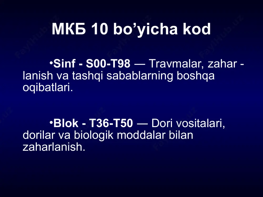 iyasi, qadam tashlashning buzilishi, qo'zg'aluvchanlik, uyqu chanlik va chuqur uyqu kuzatilishi mumkin. mastlikning bu darajalarida davo muolajalarini olib boorish shart emas. o'tkir zaxarlanishda yuqoridagi barcha belgilar chuqurlashadi, mastlik holati chuqur uyqu va narkoz holatiga o’tib. barcha turdagi sezgilari shu jumladan, issiqlik sezgisining yo'qolishi ham kuzatiladi. juda og'ir mastlik holatlarida barcha bosqichlar (eyforiya, qo'zg'alish, narkoz) tez o'tib bemorlar chuqur komaga tushadi. * komatoz holatning 3 bosqichi farqlanadi: • i bosqich yuzaki koma. • ii bosqich yuzaki koma. • chuqur koma. * i bosqich yuzaki koma qorachiqlar toraygan, og'riq reaksiyasiga qisqa vaqt kengayadi, og'izdan alkagol hidi seziladi, nashatir spirti hid latilganda bemor mimik reaksiya, qo'l himoya harakati bilan javob beradi. alkogoldan zaharlanishning bu bosqichi unchalik xavfli bo'lmay, ko'p holatlarda bemor zond orqali oshqozoni yuvilgandan so'ng o'ziga keladi. * ii bosqich yuzaki koma yaqqol namoyon bo'lgan mushak gipotoniyasi, reflekslar saqlangan (pay va qorachiq refleksi), nashatir spirti hidlatilganda kuchsiz ta’sirlanadi, bunday bemorlar tezda gospitalizatsiya …