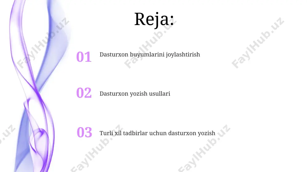 loyatida an'anaviy stol bezaklari, 5 dan 7 gacha kichik piyola va idishlardan foydalanishni o'z ichiga olib, 20-30 sm masofada joylashtiriladi, har birining ichida turli xil mevalar bo'ladi. to'y marosimlarida, toshkentda keng tarqalgan stol bezaklari, 10 dan ortiq meva va shirinliklarni o'z ichiga oladi, ularning rangi va joylashuvi muhim ahamiyat kasb etadi. stol bezaklarini bezashda 2 dan 5 gacha turli balandlikdagi sham va 3-4 dona guldan iborat kompozitsiyalar samarqanddagi an'anaviy uslublarga mos keladi. stakanlar va boshqa idishlarni tartiblash katta idishlar, masalan, shoʻrva yoki salat idishlari, stolning markaziga yaqinroq, taxminan 20-25 sm masofada, mehmonga qulay boʻlishi uchun joylashtiriladi. stolga 2-3 ta stakan qoʻyish odatiy hol, ya'ni suv uchun bitta, sharob uchun bitta va ba’zan meva sharbati uchun yana bitta, fransiya restoranlarida esa bu son 4 tagacha yetishi mumkin. qo'shimcha idishlar, masalan, xamirturush yoki tuz idishlari, stolning 3 ta asosiy qismiga teng ravishda taqsimlanadi, ya'ni har bir mehmonning yoniga yaqinroq joylashtiriladi. turli xil …