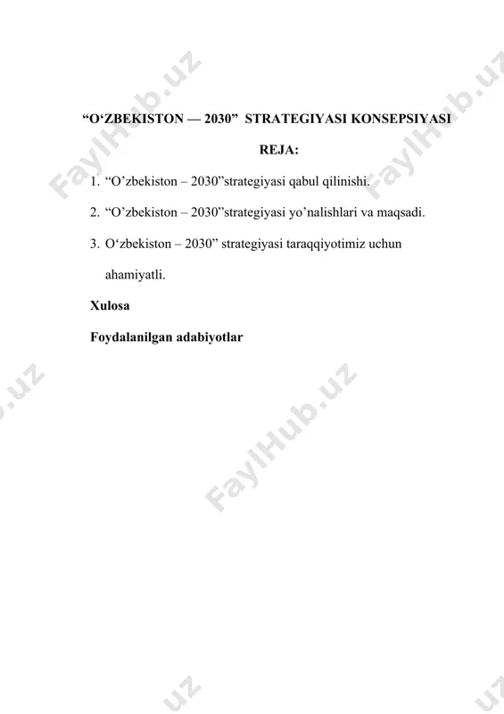 zning erkin va farovon, qudratli yangi o‘zbekistonni barpo etish bo‘yicha xohish-irodasini ro‘yobga chiqarish, har bir fuqaroga o‘z salohiyatini rivojlantirish uchun barcha imkoniyatlarni yaratish, sog‘lom, bilimli va ma’naviy barkamol avlodni tarbiyalash, global ishlab chiqarishning muhim bo‘g‘iniga aylangan kuchli iqtisodiyotni shakllantirish, adolat, qonun ustuvorligi, xavfsizlik va barqarorlikni kafolatli ta’minlash maqsadida: 1.yangi o‘zbekiston taraqqiyot strategiyasini amalga oshirish jarayonida orttirilgan tajriba va jamoatchilik muhokamasi natijalari asosida ishlab chiqilgan “o‘zbekiston — 2030” strategiyasi 1-ilovaga muvofiq tasdiqlansin. “o‘zbekiston — 2030” strategiyasida quyidagi asosiy g‘oyalar aks ettirilganligi inobatga olinsin: barqaror iqtisodiy o‘sish orqali daromadi o‘rtachadan yuqori bo‘lgan davlatlar qatoridan o‘rin olish; aholi talablariga va xalqaro standartlarga to‘liq javob beradigan ta’lim, tibbiyot va ijtimoiy himoya tizimini tashkil qilish; aholi uchun qulay ekologik sharoitlarni yaratish; xalq xizmatidagi adolatli va zamonaviy davlatni barpo etish; mamlakatning suvereniteti va xavfsizligini kafolatli ta’minlash. 2.quyidagilar: “o‘zbekiston — 2030” strategiyasini amalga oshirish va uning maqsadli ko‘rsatkichlariga erishish barcha davlat organlari va tashkilotlari faoliyatida eng ustuvor …