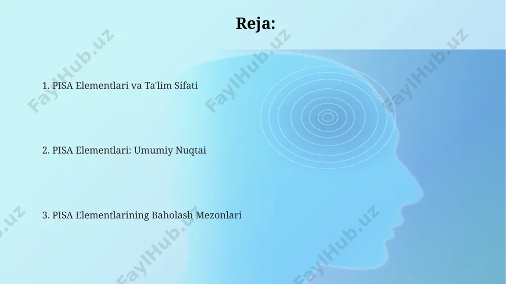 ushunchalarni o'zlashtira olmagan, bu esa o'quv dasturlarini qayta ko'rib chiqish zaruratini bildiradi. 2018-yilda pisa sinovlarida o'zbekiston o'quvchilarining o'rtacha matematik bilim darajasi oecd mamlakatlari o'rtacha ko'rsatkichidan ancha past bo'lgan. bu, ta'lim sifatini yaxshilash uchun qo'shimcha harakatlar zarurligini ko'rsatadi. o'quv muassasalarining roli samarqanddagi 15-maktab singari, ba'zi muassasalar pisa metodologiyasini qo'llab, o'quv jarayonini yangi baholash tizimlari bilan boyitib, o'quvchilarning muammo yechish ko'nikmalarini rivojlantiradi. pisa 2018 natijalariga ko'ra, o'zbekiston maktablari o'quvchilarining matematika va tabiiy fanlar bo'yicha o'rtacha ko'rsatkichlari 400 balldan kam bo'lgan, bu esa ta'lim sifatini yaxshilash zarurligini ko'rsatadi. jahon banki hisobotida ta'kidlanganidek, o'zbekistondagi ta'lim muassasalarining 30% ga yaqini zamonaviy texnologiyalar bilan yetarlicha jihozlanmagan, bu esa o'quv jarayonining samaradorligiga salbiy ta'sir ko'rsatadi. ta'lim siyosati va islohotlar 2000-yillardan boshlab o'zbekistonda ta'lim siyosati va islohotlari doirasida 12 yillik majburiy ta'lim joriy etildi, bu esa samarqand va buxoro kabi shaharlardagi maktablar sonini sezilarli darajada oshirdi. davlat ta'lim standartlariga muvofiq, 5-sinf o'quvchilarining matematikadan o'rtacha ballari 2022-yilda andijon viloyatida …