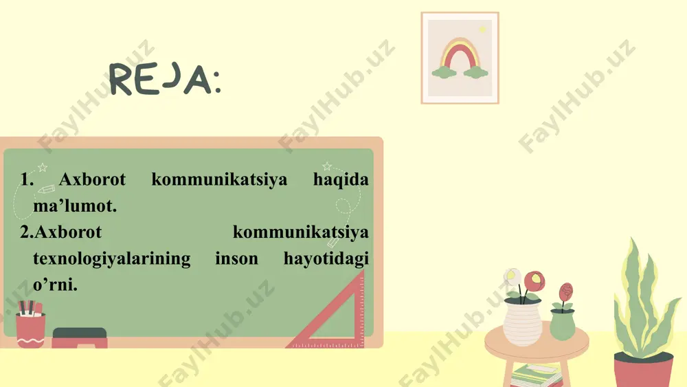 alarinig inson hayoti va faoliyatining barcha jabhalariga kirib borishi, axborot oqimining keskin ravishda ortib borishi, axborot almshinuvi, boshqaruv va texnologik jarayonlarning avtomatlashtirish ko’lamini kengayib borishi, umuman aytganda jamiyatni axborotlashuvi jarayonining jadallashib borishi, har bir mutaxassisdan informatika usul va vositalarini, axborotkommunikatsiya texnologiyalarini puxta egallagan bo’lishligini talab etmoqda. u qaysi soxada ishlashidan qat’iy nazar, o’z vazifasini zamon talabi darajasida bajarishi uchun axborotga ishlov beruvchi vositalarni, ularni ishlatish uslubiyotini bilishi va ularda ishlash ko’nikmasiga ega bo’lishi zarur. thank you for your attention image1.png image2.png image3.png image4.png image5.png image6.png image7.png image8.png image9.png image10.png image11.png image12.png image13.png image14.png /docprops/thumbnail.jpeg