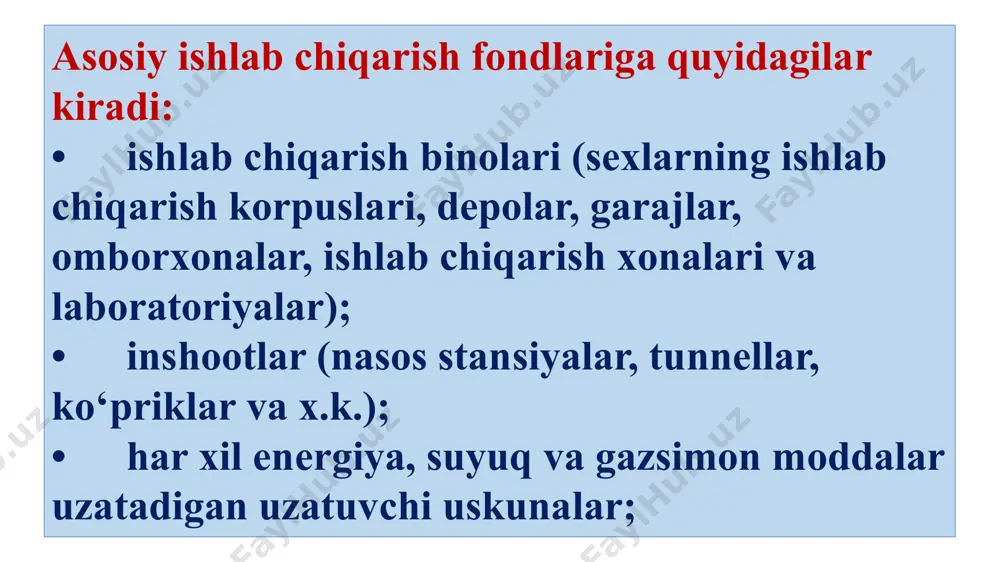 8750 so‘mni tashkil qiladi. transformator ning amortizatsiya ajratmasi 50000/8 = 6250so‘m. 5 yil davomida 31250 so‘mlik qiymatini tayyor maxsulotga o‘tkazgan 6250*5 = 31250 so‘m. qoldik qiymat 50000 - 31250 =18750 so‘m. asosiy vositalarning korxona balansi va xisobotlarida aks ettiriluvchi, xisobga olish qiymati balans qiymati deb ataladi. asosiy vositalarning qoldik qiymatini asosiy vositalar balans qiymatidan eskirish summasini ayirib topish mumkin. asosiy fondlarning tugatilish qiymati bu - ishlab chiqarishdan chiqarilgan (tugatilgan, yo‘q qilingan, lom) qiymatidir. iqtisodiy ko‘rsatkichlarni xisoblash uchun asosiy fondlarning o‘rtacha yillik qiymati xisoblanadi. bu yerda: fo’r - asosiy fondlarning o‘rtacha yillik qiymati; fy.b- asosiy fondlarning yil boshiga qiymati (balans); fk - kiritilgan asosiy fondlar qiymati; fch- fondlarning tugatilish, ishlab chiqarishdan chiqarilish qiymati; n1- asosiy fondlarni kiritilgandan boshlab oylar soni; n2- asosiy fondlarni chiqarilgandan boshlab oylar soni. 2.2. asosiy fondlarning yemirilishi va amortizatsiyasi. asosiy fondlar jismoniy va ma’naviy jixatdan eskirishi mumkin. jismoniy (moddiy) eskirish - asosiy fondlarning birlamchi xislatlarini ishlab chiqarishda …