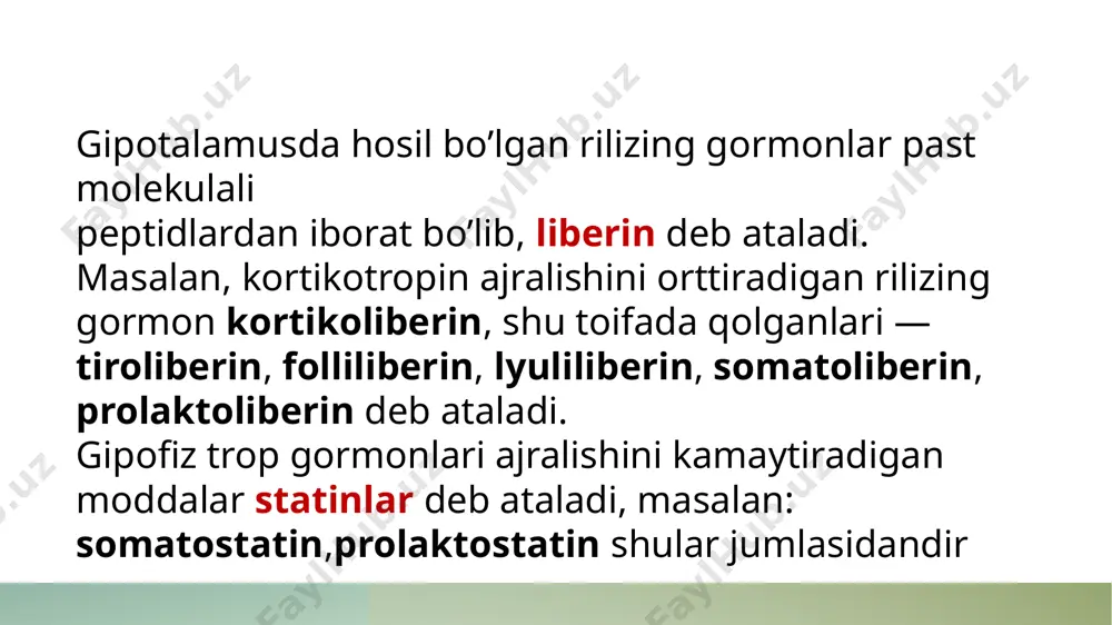 llarda (enurezda) qoilanadi, modda og’iz qurishini, chanqovni kamaytiradi. adiurekrinni nafas yo’llari (burun shilliq pardalari) kasalliklarida qollash man etiladi. desmopressin - vazopressinga o’xshash, kuchli antidiuretik ta’sirga ega, -qandsiz diabetni, gipofizda o’tkazilgan jarrohlikdan keyin hosil bo’ladigan poliuriya, polidipsiyalar, tungi siydik tutolmagan holatlani davolashda qoilanadi, -dori kattalarga ikki tomchi, bolalarga bir tomchi miqdorda burunga tomiziladi. -ko’p miqdorda qo’llanganda bosh og’rishi, ko’ngil aynashi, rinit, qon bosimining bir oz ko’tarilishi, ichakda og’riq paydo bo’lishi mumkin. paraqalqonsimon bezlarning gormon moddasi — paratireoidin -kalsiy va fosfor almashinuviga ta’sir ko’rsatadi, qonda kalsiy miqdorini, uning me’da-ichakdan so’rilishini, buyrak kanalchalaridan qayta so’rilishini oshiradi, suyaklarda kalsiy miqdorini kamaytiradi. -qalqonsimon bez gormoni kalsitoninga qarshi ta’sir ko’rsatadi. qonda fosfor miqdorini kamaytiradi, -modda o’rinbosar davo uchun gipoparatireozlarda, spazmofiliya, tetaniyaning oldini olish va davolash uchun qoilanadi. - ta’siri sezilarli bo’lishi uchun paratireodin kalsiy moddalari — kalsiy xlorid, kalsiy glyukonat bilan birga qoʻllaniladi. oshqozon osti bezining gormonal moddalari. bunday gormonal moddalar qatoriga insulin moddalari insulin,amorfli suspenziya …