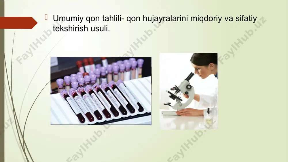 persegmentasiyasi kuzatiladi. sitoplazmasida bazofilli donadorlik aniqlanadi. leykoformulaning chapga siljishi ( qonda yosh neytrofillarning ko’payishi). granulotsitlar neytrofillar o’tkir va surunkali bakterial infektsiyalarda oshadi bazofillar o’sma kasalliklarining birinchi indikatori, qalqonsimon bezning gipofunktsiyasi eozinofillar allergik kasalliklar va parazitar kasalliklarda agranulotsitlar monotsitlar limfotsitlar o’tir va surunkali virusli infektsiyalarda va ba’zi bakterial infektsiyalarda qon ivish vaqti bajarish texnikasi buyum oynachasiga bir tomchi qon quyiladi, qon barmoqdan yoki quloq yumshog`idan olinadi. har 20-30 daqiqada skarifikator yordamida tomchining ichidan yurgizib ko`ramiz. agar ma’lum vaqtdan keyin skarifikatorga fibrin tolasi ilinishi kuzatilsa qon ivish vaqti boshlanganligidan darak beradi. normada qon ivish vaqti 3-5 daqiqa hisoblanadi. e’tiboringiz uchun rahmat image1.jpeg image2.png image3.png image4.png image5.emf image6.png image7.png image8.jpeg image9.png image10.png image11.jpeg image12.jpeg image13.png image14.png image15.png image16.png image17.emf image18.jpeg image19.png image20.emf image21.png image22.png image23.png image24.png image25.png image26.png image27.png image28.png image29.jpeg image36.png image37.png image38.jpeg