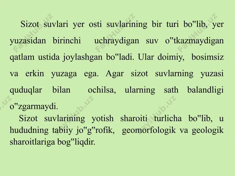 sath o‟lchangan kun yoki haftaga xos bo‟lgan holatni aks etdiradi. shuning uchun xarita ma'lum davrlar uchun bir vaqtda o‟lchangan o‟lchovlar natijasidan foydalanib tuziladi. bu xaritada bosimsiz sizot suvlari yuzasining tuzilishi gidroizogipslarda, yotish chuqurligi esa izobatlarda tasvirlanadi. bir xil sath balatliklarini gorizantallar yer yuzasining tutashtiruvchi egri chizmaga aytiladi. izobat sizot suvlari bir hil chuqurliklarda yotgan maydonlarning chegarasini belgilaydi. ma‟lum bir hududa gidrogeologik qidruv ishlari o‟tkazilgan tatqiqot uchun 25 ta quduq qazilgan so‟ngra har bir quduqning yer yuzasi mutlaq balandligi nivelir yordamida aniqlangan. xar bir quduqdan sizot suvlarning chuqurligi o‟lchangan. e’tiboringiz uchun raxmat image2.png image3.png image4.jpg image5.png image6.png image7.png