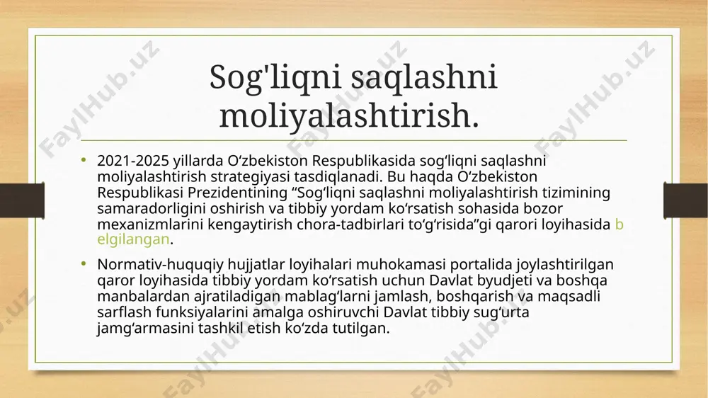 y ko‘rikdan o‘tkazadi va unga yo‘llanma (order) beradi yohud ularni olish uchun ssmiat orqali navbatga qo‘yadi. bunda, bemorlar o‘z so‘rovlariga ko‘ra murojaatining ko‘rib chiqilishi holati hamda yo‘llanma (order) olish yohud bepul davolanish uchun navbati haqidagi axborotni real vaqt rejimida elektron shaxsiy kabinet orqali, shuningdek, qisqa xabar (sms) ko‘rinishida olish tizimi yaratiladi. o‘zbekiston respublikasi davlat byudjeti mablag‘lari hisobiga tibbiy yordam ko‘rsatiladigan imtiyozli toifadagi shaxslar ro‘yxati tasdiqlanadi. belgilab qo‘yilishicha: • ushbu bandda nazarda tutilgan ro‘yxatga muvofiq imtiyozli toifadagi shaxslarga o‘zbekiston respublikasi davlat byudjeti mablag‘lari hisobiga ko‘rsatiladigan tibbiy xizmat turlari va hajmlari sog‘liqni saqlash vazirligi tomonidan belgilanadi; • kam ta’minlangan oilalarga mansub shaxslar toifasiga kiruvchi fuqarolar 2021 yil 1 yanvardan respublikaning barcha hududlarida “ijtimoiy himoya yagona reyestri” axborot tizimiga muvofiq aniqlanadi. tibbiy xizmat bo‘yicha bemorlarning elektron navbatini tashkil etgan davlat sog‘liqni saqlash tizimi muassasalariga beg‘araz yordam doirasida kelgan tibbiy texnika va jihozlardan, agar o‘zbekiston respublikasining tegishli xalqaro shartnomalarida boshqacha qoidalar nazarda tutilmagan bo‘lsa, …