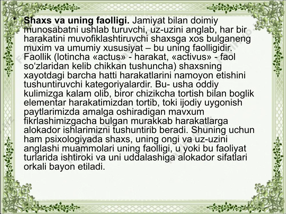 agi predmetlar xususiyatlari va sifatini uzgartirishga karatilgan bo‘ladi. masalan, ma’ruzani konspekt kilayotgan talabaning predmetli harakati yozuvga karatilgan bo‘lib, u avvalo usha daftardagi yozuvlar soni va sifatida uzgarishlar qilish orkali, bilimlar zaxirasini boyitayotgan bo‘ladi. faoliyatning va uni tashkil etuvchi predmetli harakatlarning aynan nimalarga yunaltirilganiga karab, avvalo tashki va ichki faoliyat farklanadi. tashki faoliyat shaxsni urab turgan tashki muxit va undagi narsa va xodisalarni uzgartirishga karatilgan faoliyat bulsa , ichki faoliyat – birinchi navbatda aqliy faoliyat bo‘lib, u sof psixologik jaraenlarning kechishidan kelib chikadi. kelib chikishi nuktai nazaridan ichki-aqliy, psixik faoliyat tashki predmetli faoliyatdan kelib chikadi. dastlab predmetli tashki faoliyat ruy beradi, tajriba orttirib borilgan sari sekin-asta bu harakatlar ichki aqliy jaraenga aylanib boradi. buni nutk faoliyati misolida oladigan bo‘lsak, bola dastlabki so‘zlarni kattik tovush bilan tashki nutkida ifoda etadi, keyinchalik ishida uzicha gapirishga urganib,uylaydigan, muloxaza yuritadigan, uz oldiga maksad va rejalar kuyadigan bo‘lib boradi. jismoniy va aqliy harakatlar. har qanday sharoitda …