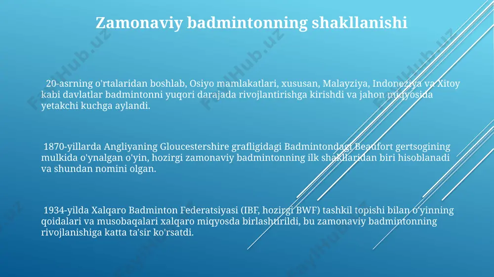 ion tomoshabinni jalb qildi. ibf osiyo va yevropa kabi turli mintaqalarda 50 dan ortiq reytingli turnirlarni tashkil etib, yosh badmintonchilarni qo'llab-quvvatlash va sportning rivojiga hissa qo'shishga qaratilgan dasturlarni amalga oshirmoqda. badminton oʻyinining kelib chiqishi va rivojlanish tarixi 1934-yilda, 9 ta mamlakatning ishtiroki bilan, xalqaro badminton federatsiyasi (ibf, hozirgi bwf) tashkil topdi va bu sportning xalqaro miqyosda rivojlanishiga turtki bo‘ldi. 1873-yilda, angliyaning gloucestershire grafligidagi badminton saroyida, o‘yinning zamonaviy shakliga asos solingan dastlabki qoidalar ishlab chiqildi. bu esa, o‘yinning nomiga ham ta’sir ko‘rsatdi. badmintonning dastlabki variantlari, 16-asrda hindistonda paydo bo‘lgan "poona" o‘yini bilan bog‘liq bo‘lib, keyinchalik u britaniya imperiyasi orqali butun dunyoga yoyildi. e'tiboringiz uchun rahmat @taqdimot_robot