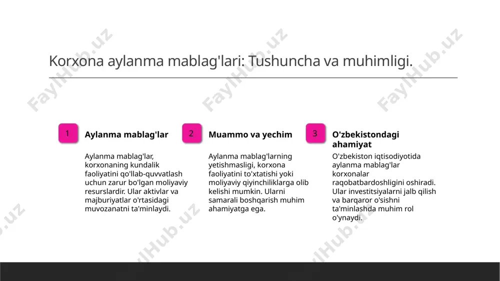 hisoblash va ma'lumotlar tahlilidan foydalanish muhim ahamiyatga ega. raqamli yechimlar raqamli yechimlar, masalan, erp tizimlari, korxonalar uchun aylanma mablag'larni samarali boshqarishga yordam beradi, bu esa qaror qabul qilish jarayonini tezlashtiradi. ta'lim va rivojlanish aylanma mablag'larni boshqarishda ta'lim va professional rivojlanish, mutaxassislarni yangi usullar va strategiyalar bilan tanishtirish orqali muhim rol o'ynaydi. o'zbekiston iqtisodiyotida aylanma mablag'lar: asosiy o'rin va ahamiyati. 1 aylanma mablag'larning roli o'zbekiston iqtisodiyotida aylanma mablag'lar, korxonalar faoliyatini muvofiqlashtiradi, ularni moliyaviy barqarorlikka erishishga yordam beradi. 2 raqobatbardoshlikni oshirish aylanma mablag'lar, o'zbekiston korxonalarining raqobatbardoshligini oshirishda muhim ahamiyatga ega, chunki bu qisqa muddatli moliyaviy zaruratlarni qondiradi. 3 investitsiya imkoniyatlari aylanma mablag'lar orqali o'zbekistonda yangi investitsiya imkoniyatlari yaratiladi, bu esa iqtisodiy o'sishga va barqaror rivojlanishga xizmat qiladi. aylanma mablag'lar orqali o'zbek korxonalarining raqobatbardoshligini oshirish. 01 aylanma mablag'lar va raqobat aylanma mablag'lar korxonalar uchun raqobatbardoshligini oshiradi. ular likvidlikni ta'minlab, tezkor qarorlar qabul qilish imkonini beradi. 02 strategik boshqarish aylanma mablag'larni strategik boshqarish orqali …