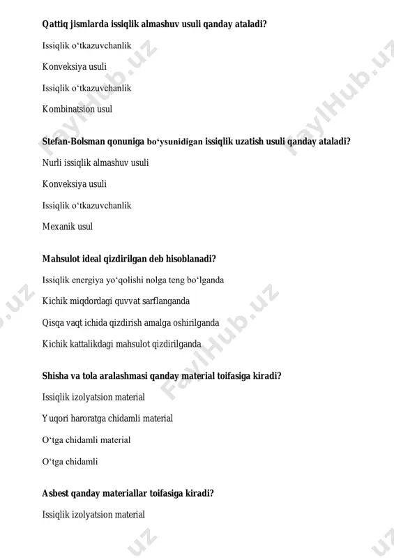 ishini kamaytirishga qo‘yilgan talab qanday ataladi? kichik issiqlik o‘tkazuvchanlik kichik tok o‘tkazuvchanlik kimyoviy jixatdan neytrallik termik barqarorlik o‘tga chidamli materiallar quyidagi haroratlarning qaysi biriga mo‘ljallangan ? 1580-1770k 1500 - 1600 k 1500 k dan kichik 1000 k dan yuqori o‘ta yuqori darajada o‘tga chidamli materiallar quyidagi haroratlarning qaysi biriga mo‘ljallangan? 2000 k dan yuqori 1000 k dan yuqori 1500 k dan yuqori 5000 k dan yuqori yuqori darajada o‘tga chidamli materiallar quyidagi haroratlarning qaysi biriga mo‘ljallangan ? 1770 - 2000 k 1770 - 3000 k 1780 - 2780 k 1500 k dan kichik issiqlik o‘tkazuvchanlik nima? issiqlikning yuqori xaroratli joylardan past xaroratli joylarga uzatilishi issiqlikni masofadan uzatilishi. issiqlikni yuqori xaroratli joylardan nurlanishi. issiqlikni konvektiv usulda ko‘chishi. konveksiya holatida nima sodir bo‘ladi? suyuqlik va gazlarni o‘z oqimi bilan ko‘chishi bosim jismning har bir nuqtasiga baravar uzatiladi issiqlikni masofosiz nurlanishi ayrim zarracha va moddaning xajm elementlari, o‘zidagi issiqlik energiya zaxirasini olib o‘tishi. …