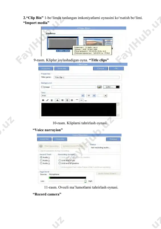 otini ekranga ochiladiva videoga olish jarayoniga tayyor holatiga keltiriladi. 2)camtasia studio dasturini ishga tushirib new screen recording bo‘limi tanlanadi, so‘ngra ekranning kerakli qismi belgilanadi(qizil chiziq bilan) va dars jarayonini yozish boshlanadi: 19-rasm. videoga olish chegaralarini belgilash. 3) mashg‘ulot yakunlangandan so‘ng stop tugmasi bosiladi va olingan videoni montaj qilinadi: 20-rasm. video faylni tahrirlash. 4) tayyor videoga ovoz yoziladi: 21-rasm. video faylni ovozlarini tahrirlash. 5) voice naretion bo‘limi ochilib start recording buyrug‘i tanlanadiso‘ngra video fayl ohirida stop recording buyrug‘i tanlanadiva fayl avi kengaytmali fayl qilib saqlanadi: ya’ni kuyidagicha: produce video as buyrug‘i beriladi: 22-rasm. video faylni yaratish. fayl farmati tanlanadi va bir necha bosqich so‘rovnomalar to‘ldiriladi ya’ni uning nomi, proyektning nomi, ochilishda yuzagan keladigan muammolarda ekranga qanday ma’lumot ko‘rinishini html ko‘rinishini ham belgilash mumkin. fayl formati tanlanadi va далее tugmasi bosiladi. 23-rasm. video faylni yaratishni tahrirlash. 6) videoni orqa foni uchun rang, boshqa ma’lumotlar sozlanib, далее tugmasi bosiladi: 24-rasm. video faylni yaratishni …