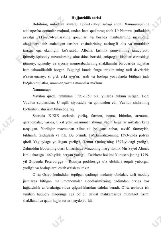 jatchilik an’analariga rioya qilganliklaridan dalolat beradi. o‘rta asrlarda ish yuritish huquqiy maqomga ega bo‘ldi, davlat mahkamasida munshaot tizimi shakllandi va qator hujjat turlari paydo bo‘ldi. hujjat – rasmiy uslub-da yozilgan, imzolangan, kelishuv va rozilik belgilari olin-gan, davlat standart talablariga ja-vob beradigan qog‘ozlardir. hujjat matni aniqlik, ix-chamlik, lo‘ndalik, mazmuniy to‘liqlik kabi talablarga ja-vob berishi kerak. hujjatlarmatnigaqo`yiladiganengmuhimtalablardanyanabiri – xolislik. bu talablarga javob bermay-digan hujjat chinakam hujjat bo`la olmaydi, bun-day hujjat ish yuritish jara-yoniga xalaqit beradi, uning samaradorligini keskin pasaytiradi. o‘zbek tilining rasmiy idoraviy til sifatida qo‘llanishi qoraxoniylar hukmronligi davrida boshlandi. xx asrdan so‘ng o‘zbek xonlari va amirlari saroylarida yozilgan turli xil hujjatlar o‘ziga xos mazmuni, muayyan tartibi va nutqiy qolipi bilan ajralib turadi. sho‘ro hukmronligi davrida o‘zbek va rus tillarida ish yuritish huquqi qonunlashtrilgan bo‘lsa-da, amalda o‘zbek tilining ijtimoiy mavqei past edi. ma’lumki, tariximizda saroy va umuman yirik mahkamalarda yozuv ishlarini olib boruvchilar “munshiy” (arabcha) deyilgan. hujjatlarda ish yuritish tili va uslubi …